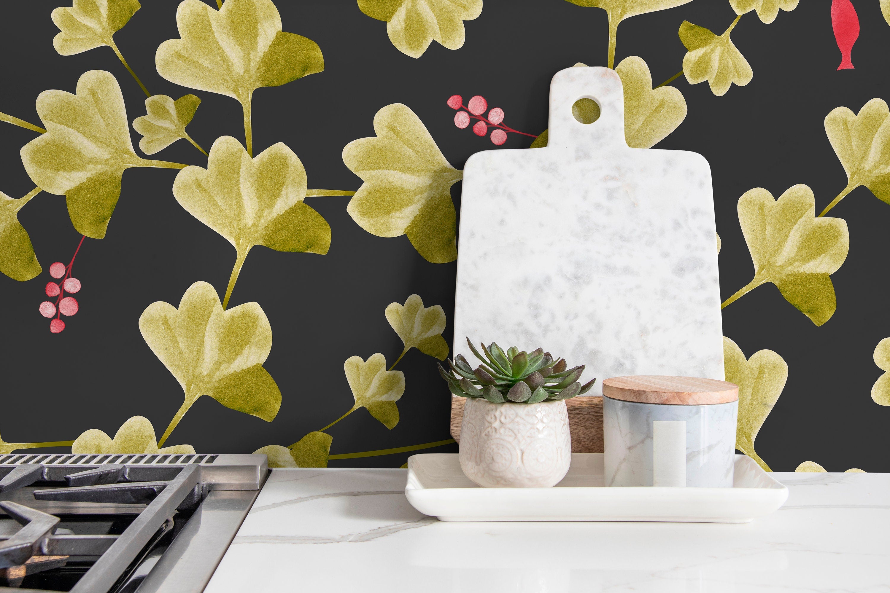 Botanical Wallpaper With Ginkgo Leaves And Berries In Black, Green, And Red - X012