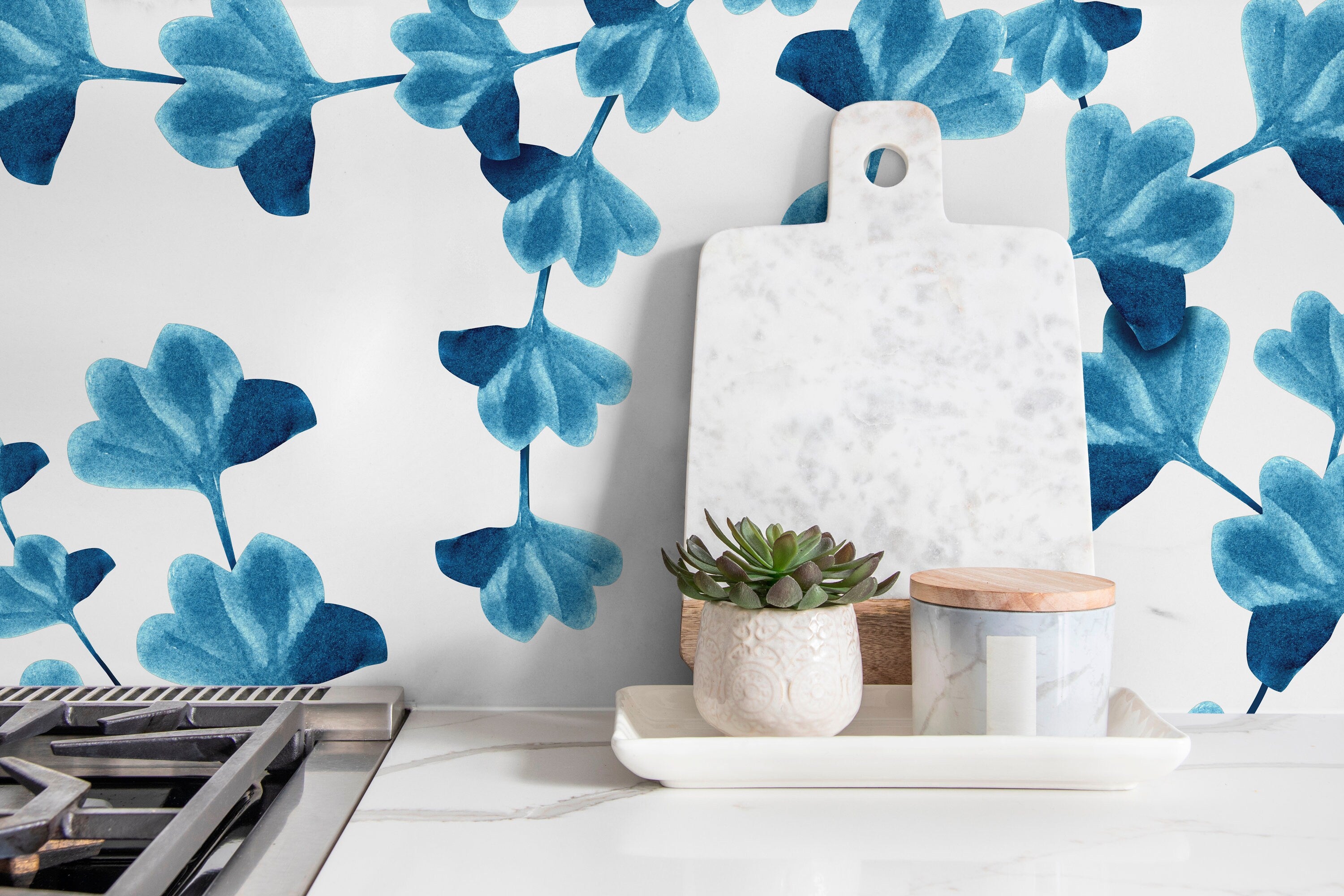 Floral Wallpaper With Stylized Watercolor Blossoms In Blue - X011