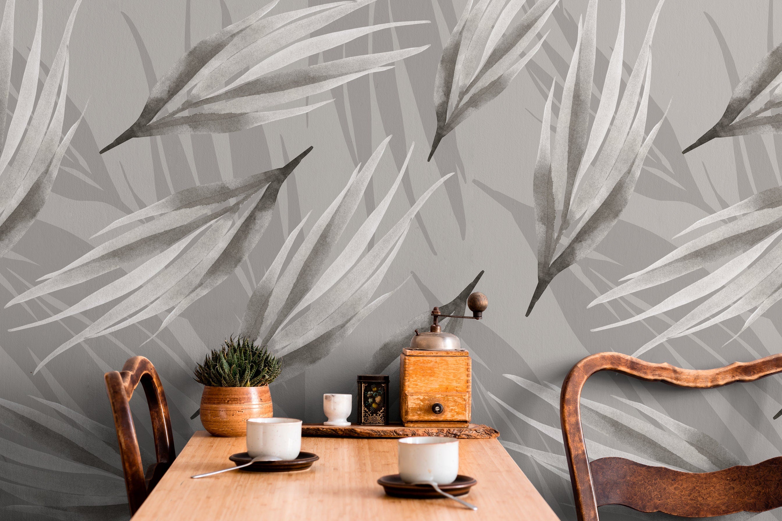 Botanical Wallpaper With Layered Watercolor Leaves In Gray And Black - X018