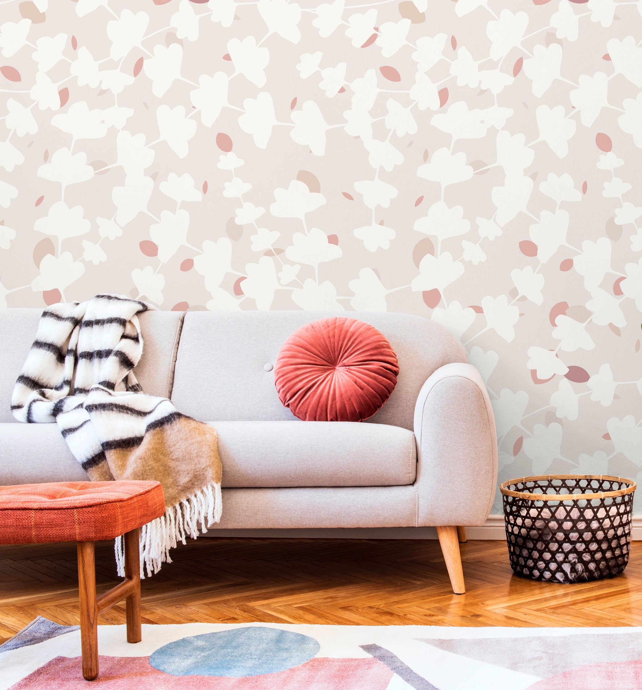 Abstract Wallpaper Featuring Minimalist Leaf Shapes In Beige, Pink, And Gray - X014