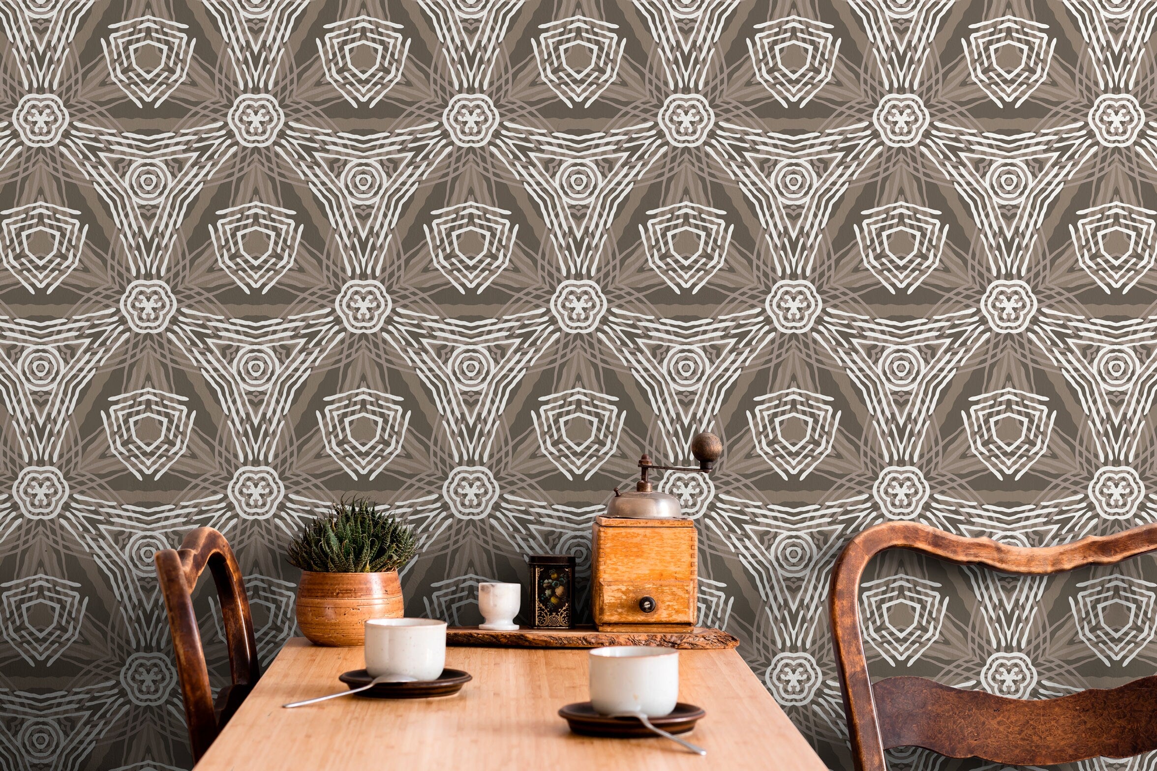 Abstract Geometric Wallpaper With A Tribal Motif In Brown And Taupe - X026