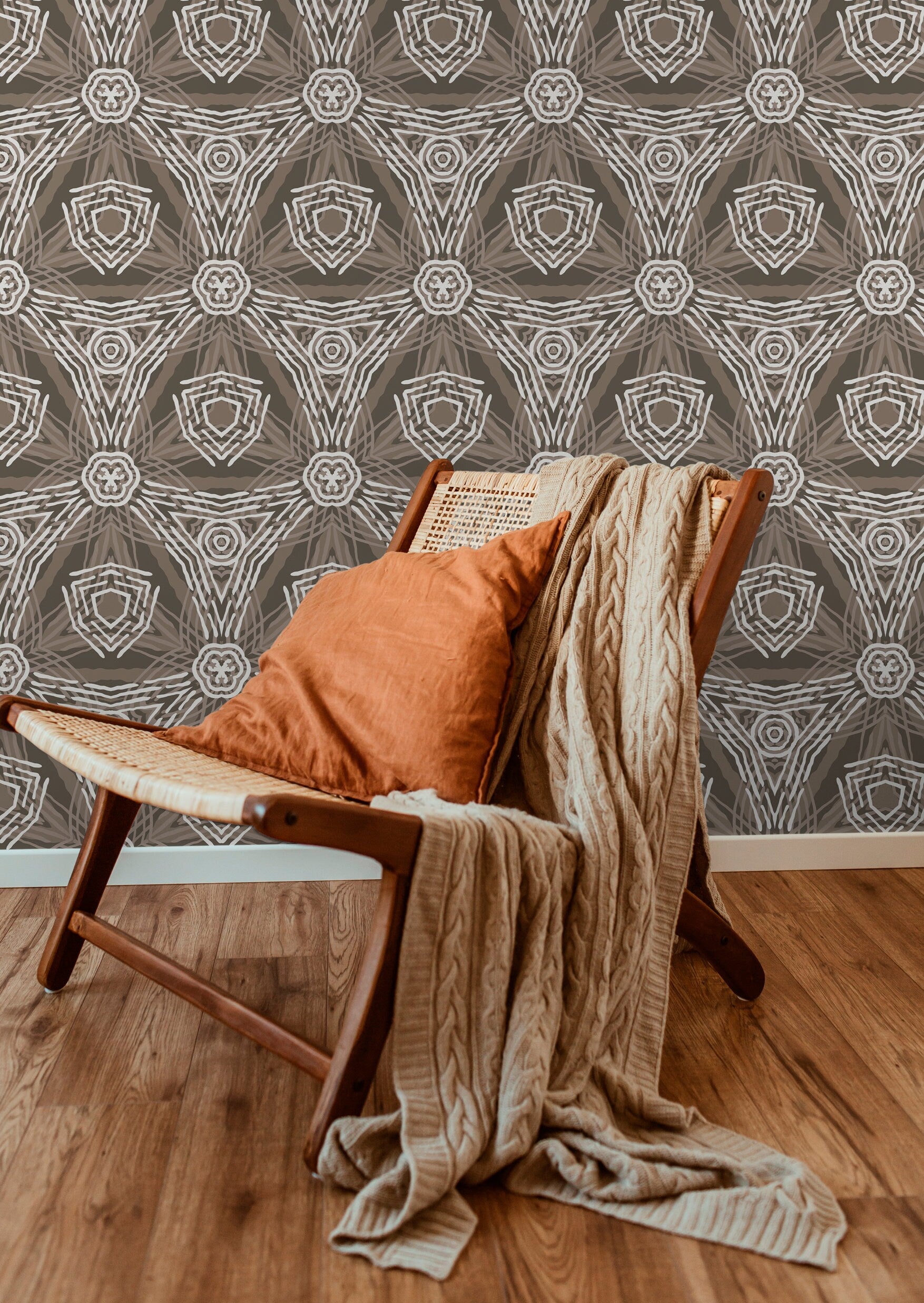 Abstract Geometric Wallpaper With A Tribal Motif In Brown And Taupe - X026
