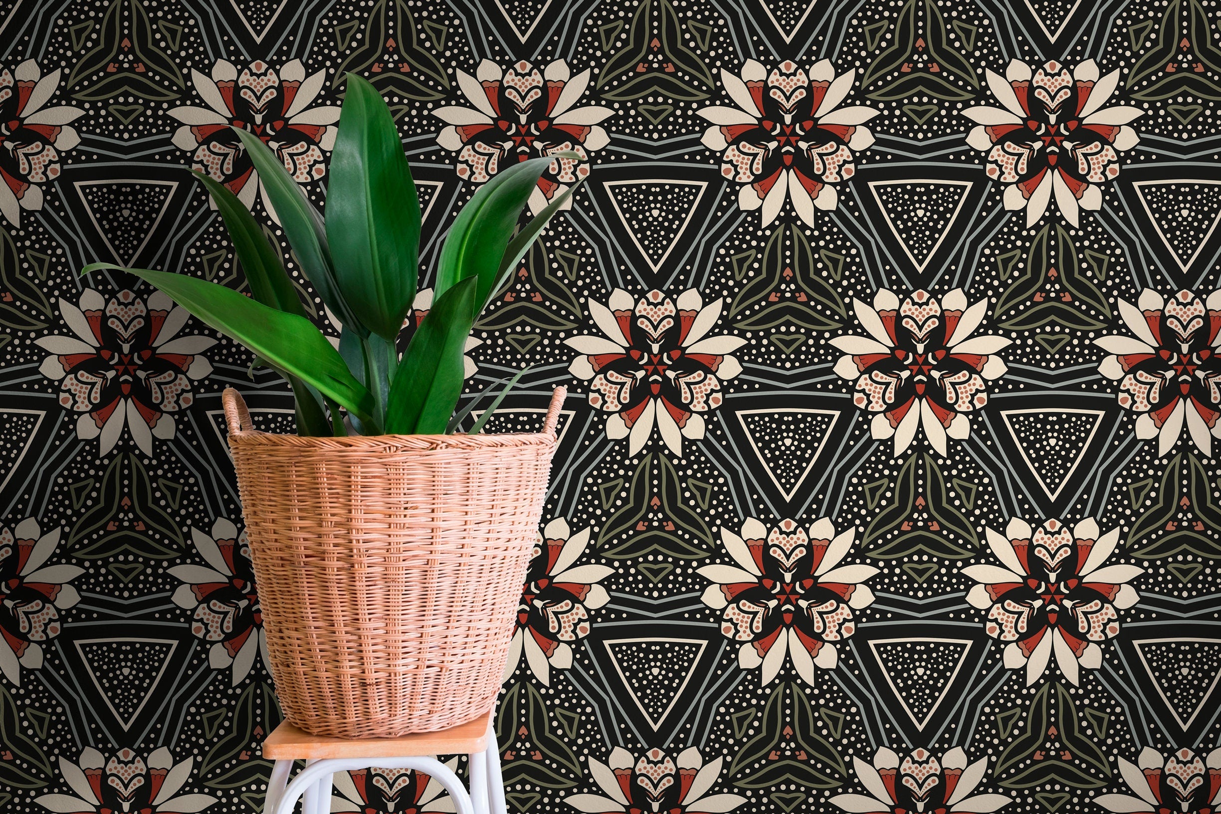 Geometric Floral Wallpaper With Stylized Blooms In Black, Cream, And Red - X025