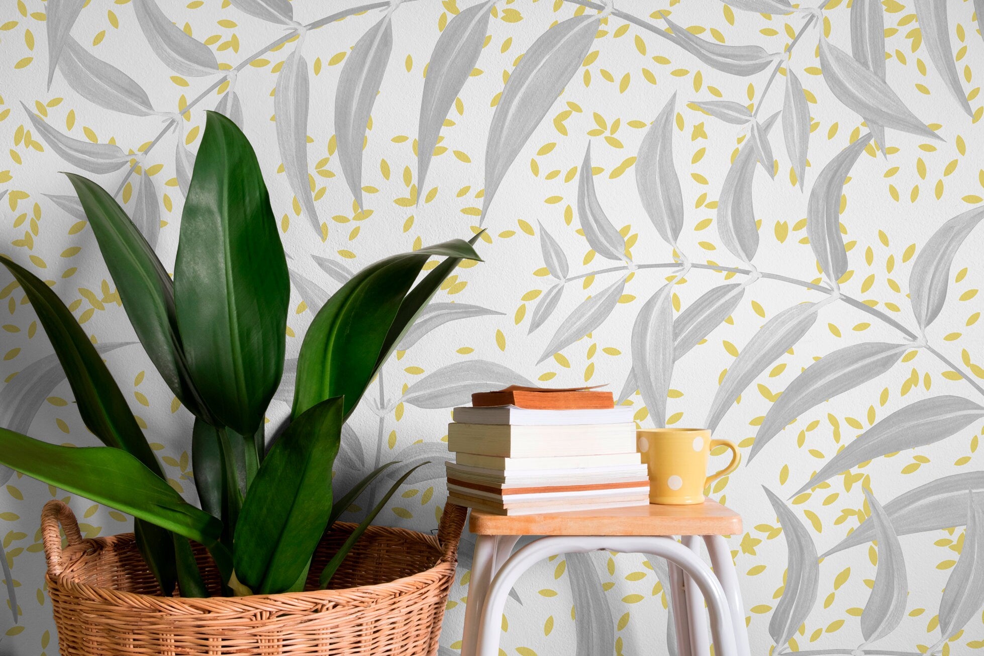 Botanical Wallpaper Featuring Stylized Leaves In Gray And Yellow - X038