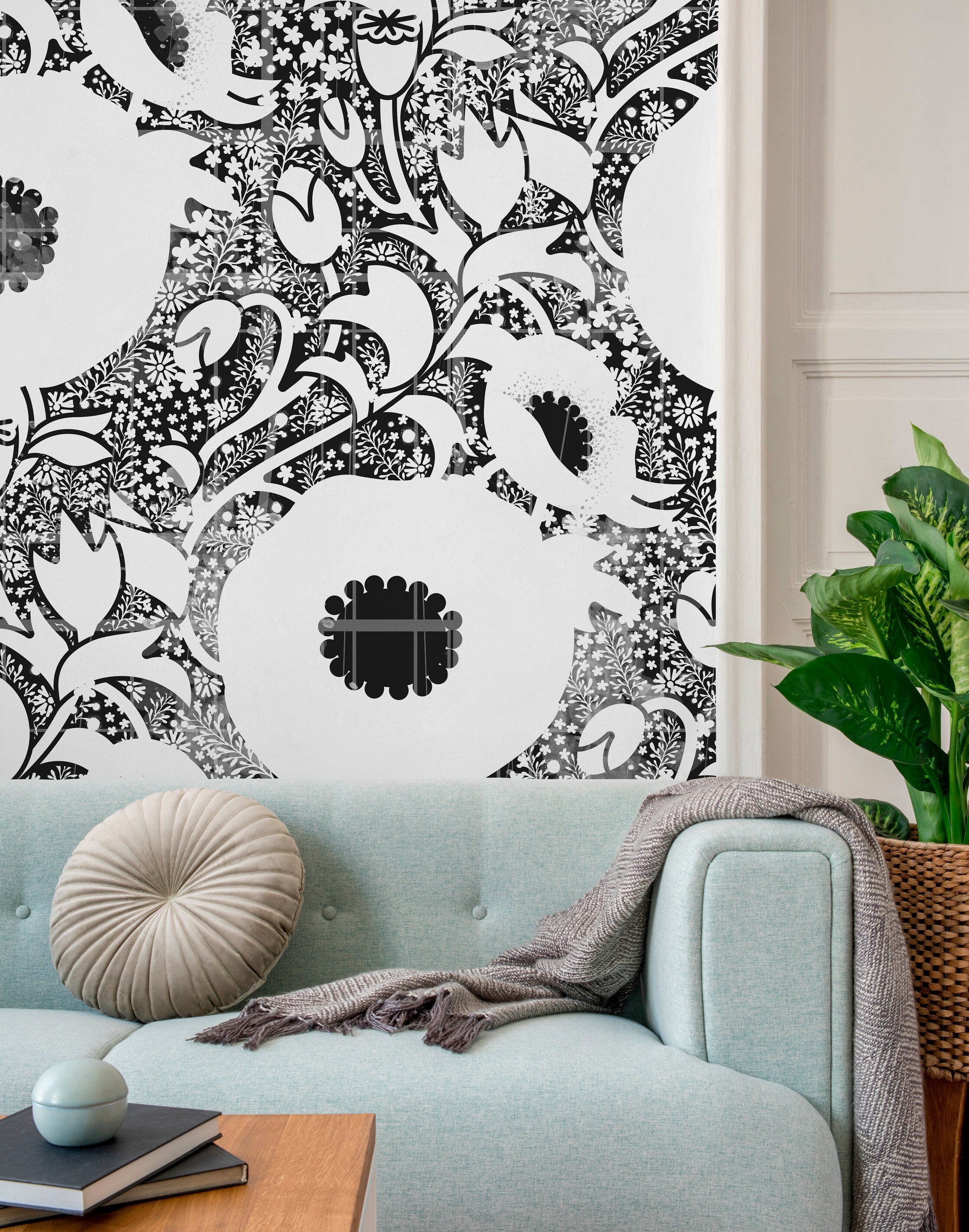 Floral Wallpaper With A Graphic Collage Motif In Black And White - X032
