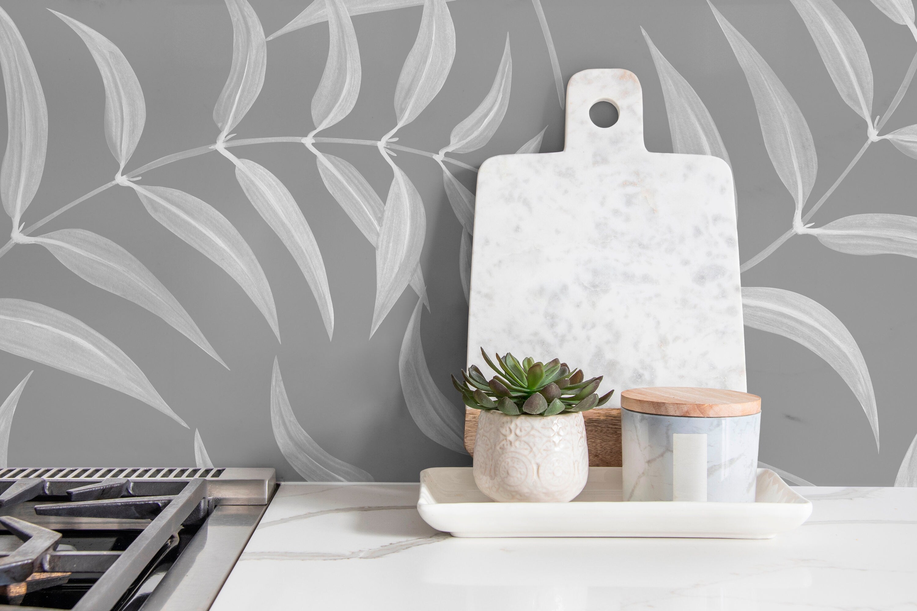 Botanical Wallpaper With A Minimalist Leaf Pattern In Gray And White - X036