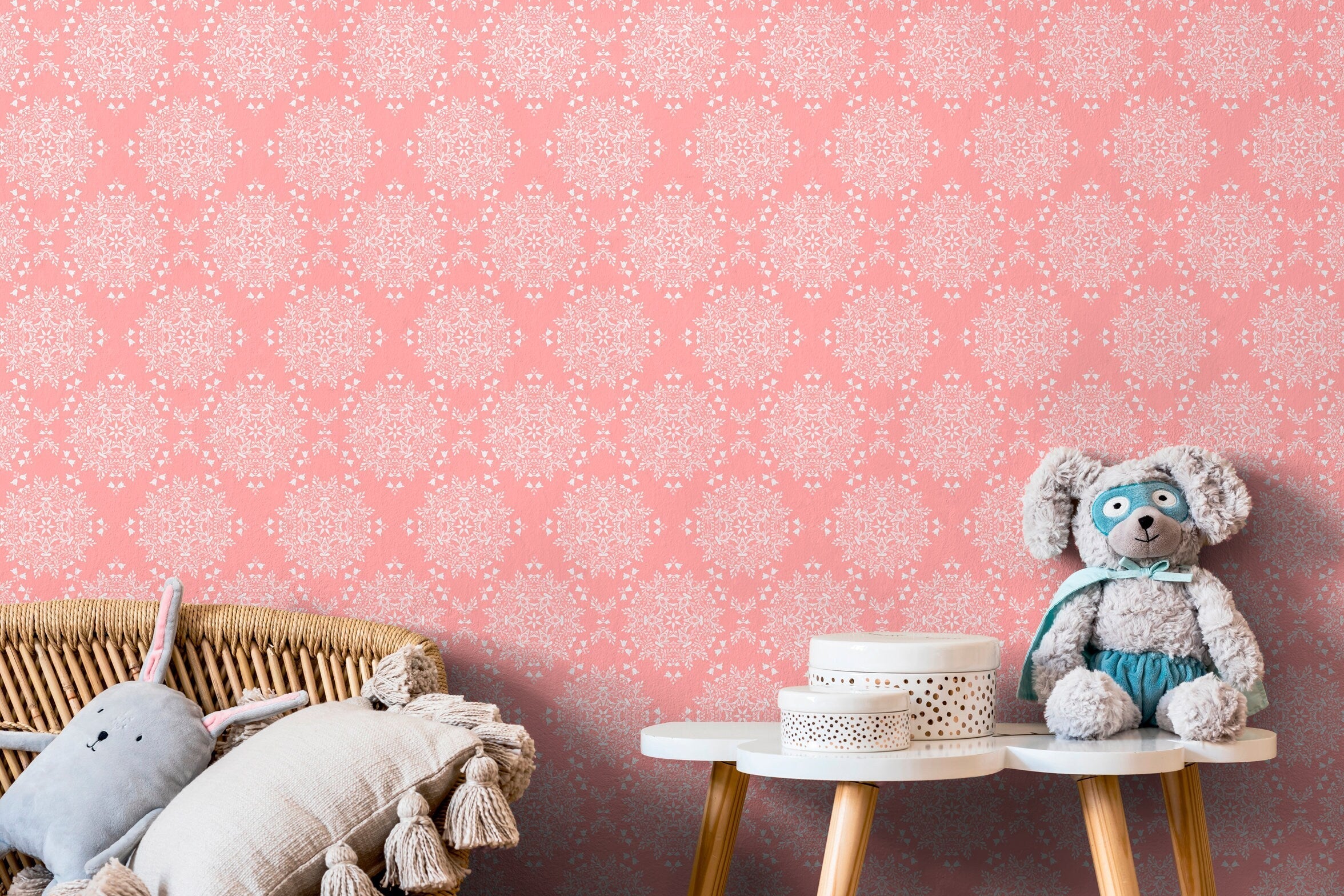 Bohemian Wallpaper With An Intricate Medallion Motif In Pink And White - X057