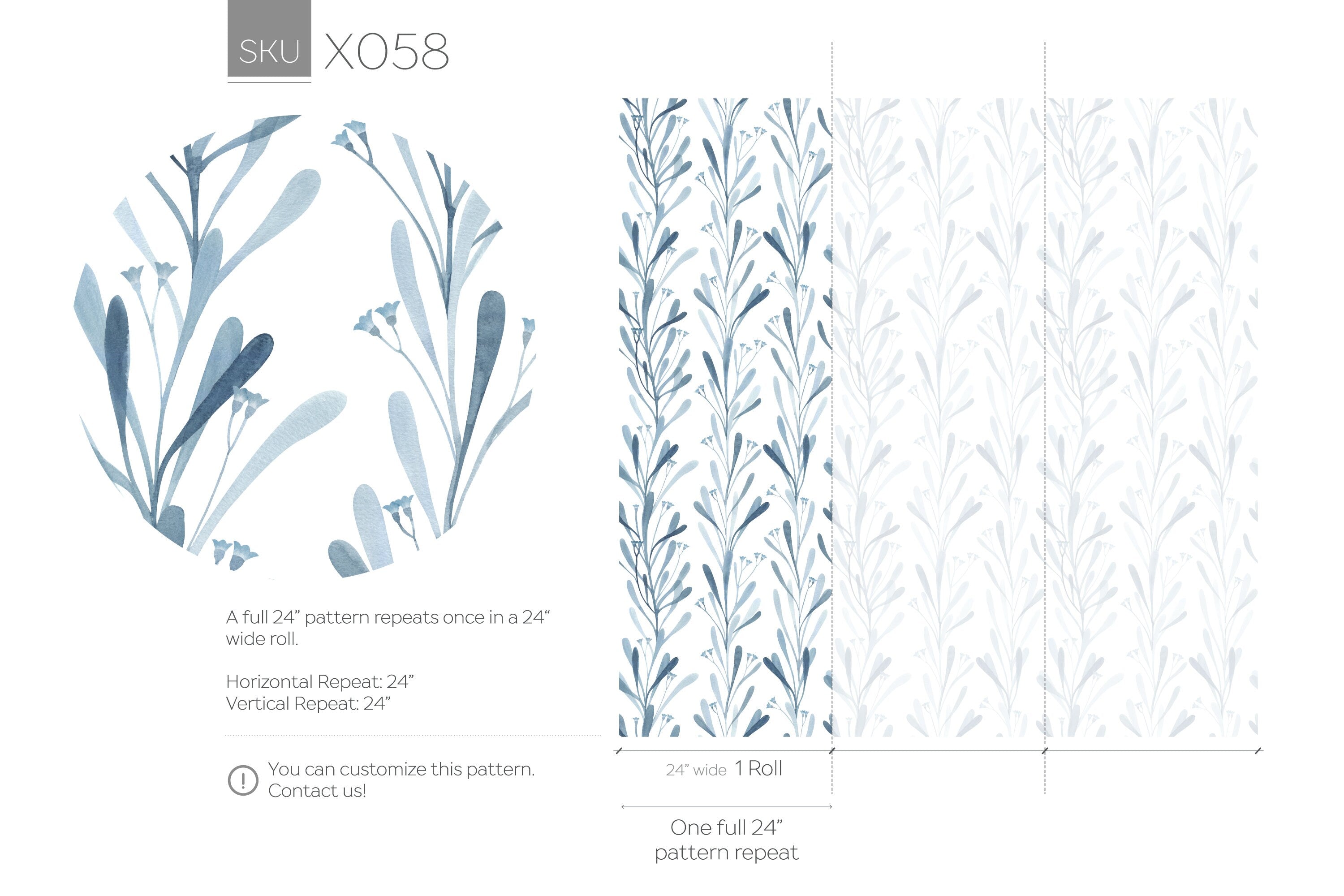 Watercolor Wallpaper Featuring Delicate Floral Stems In Blue - X058