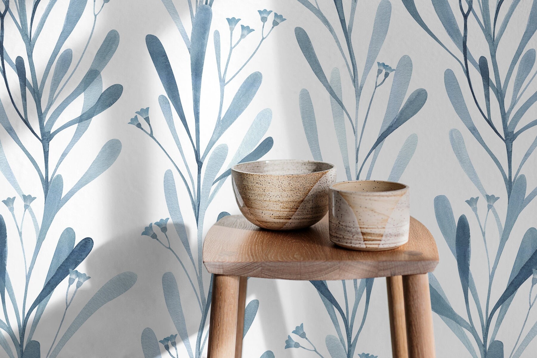 Watercolor Wallpaper Featuring Delicate Floral Stems In Blue - X058