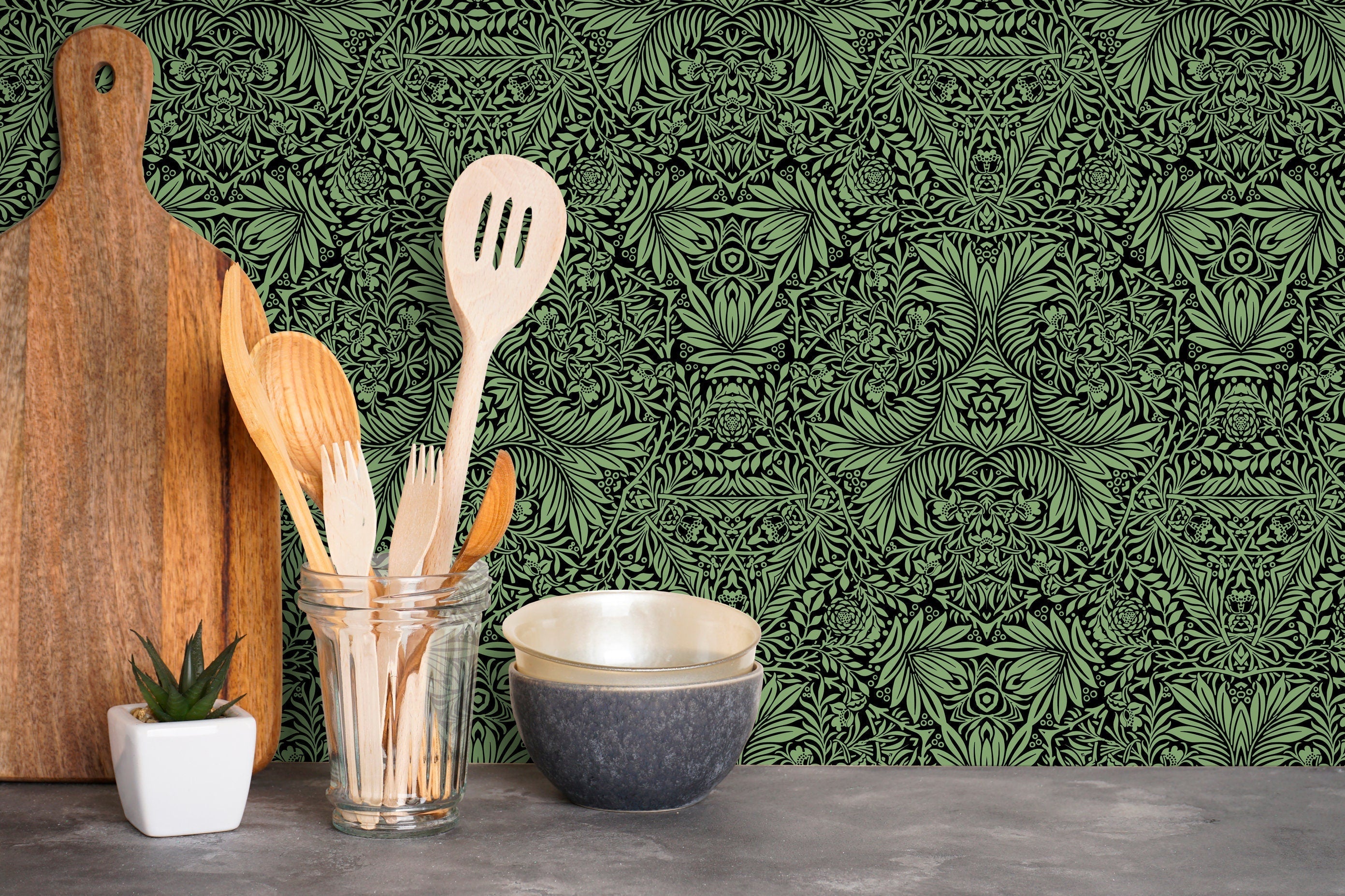 Arts And Crafts Wallpaper With An Intricate Vine Motif In Green And Black - X052