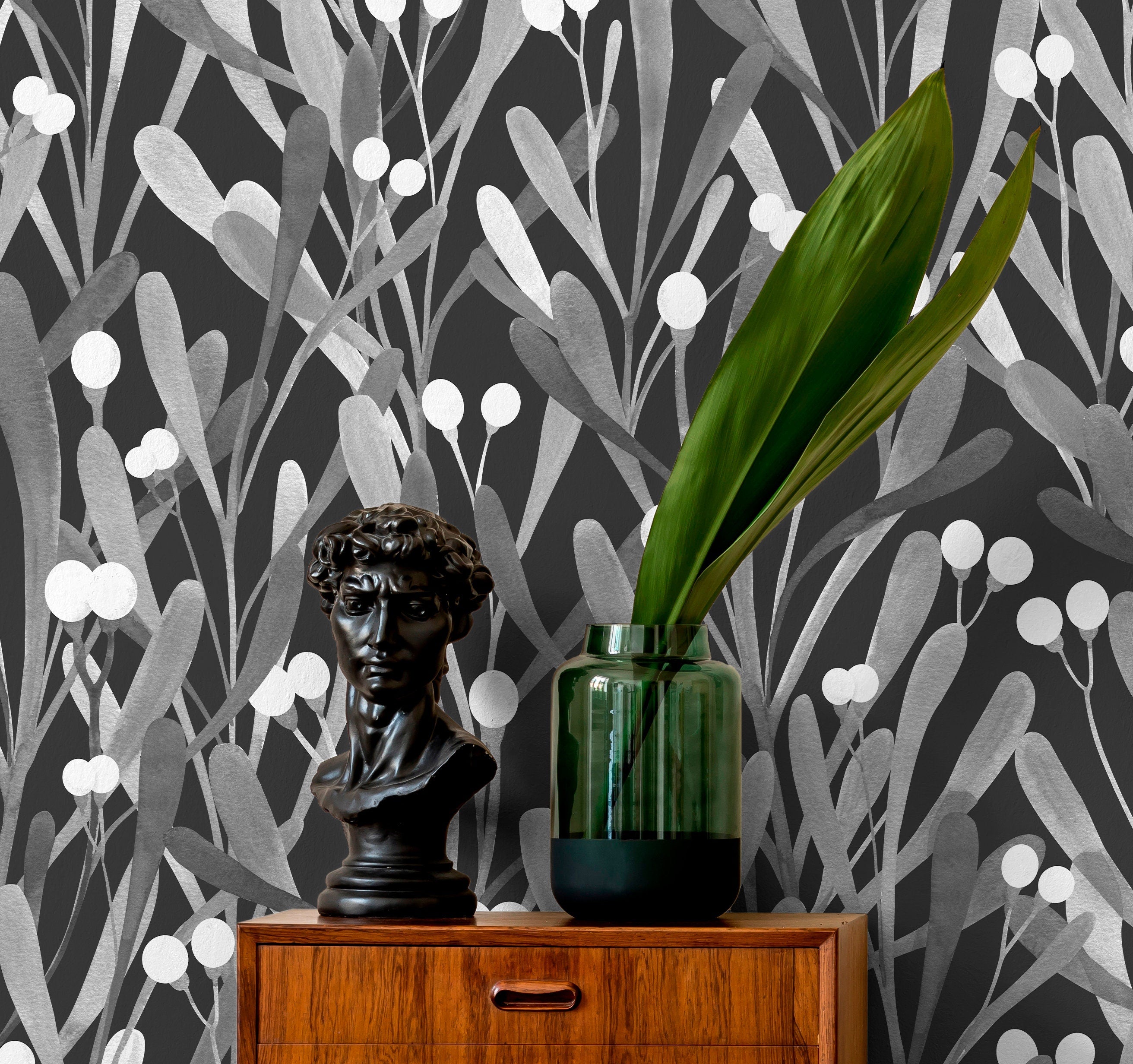Botanical Wallpaper With Stylized Mistletoe Leaves In Black And Gray - X061