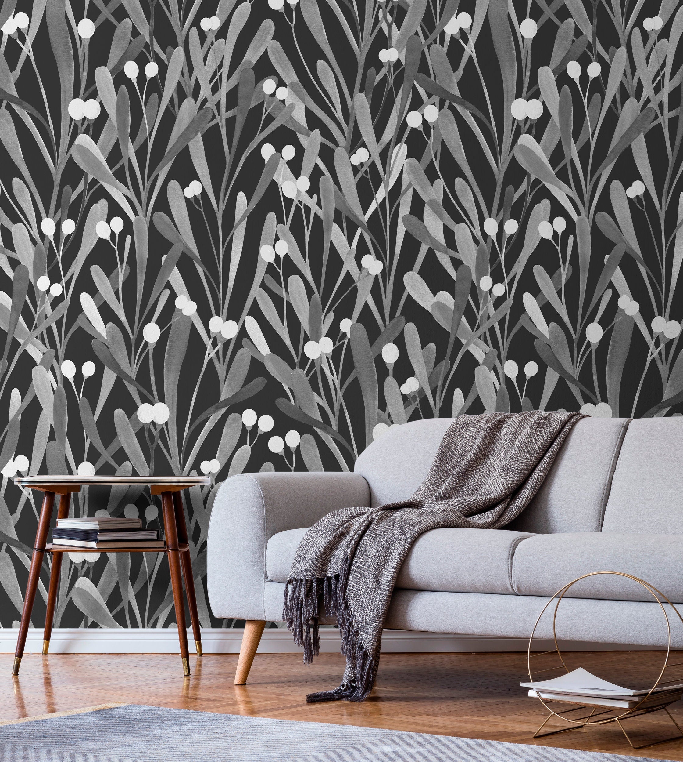 Botanical Wallpaper With Stylized Mistletoe Leaves In Black And Gray - X061
