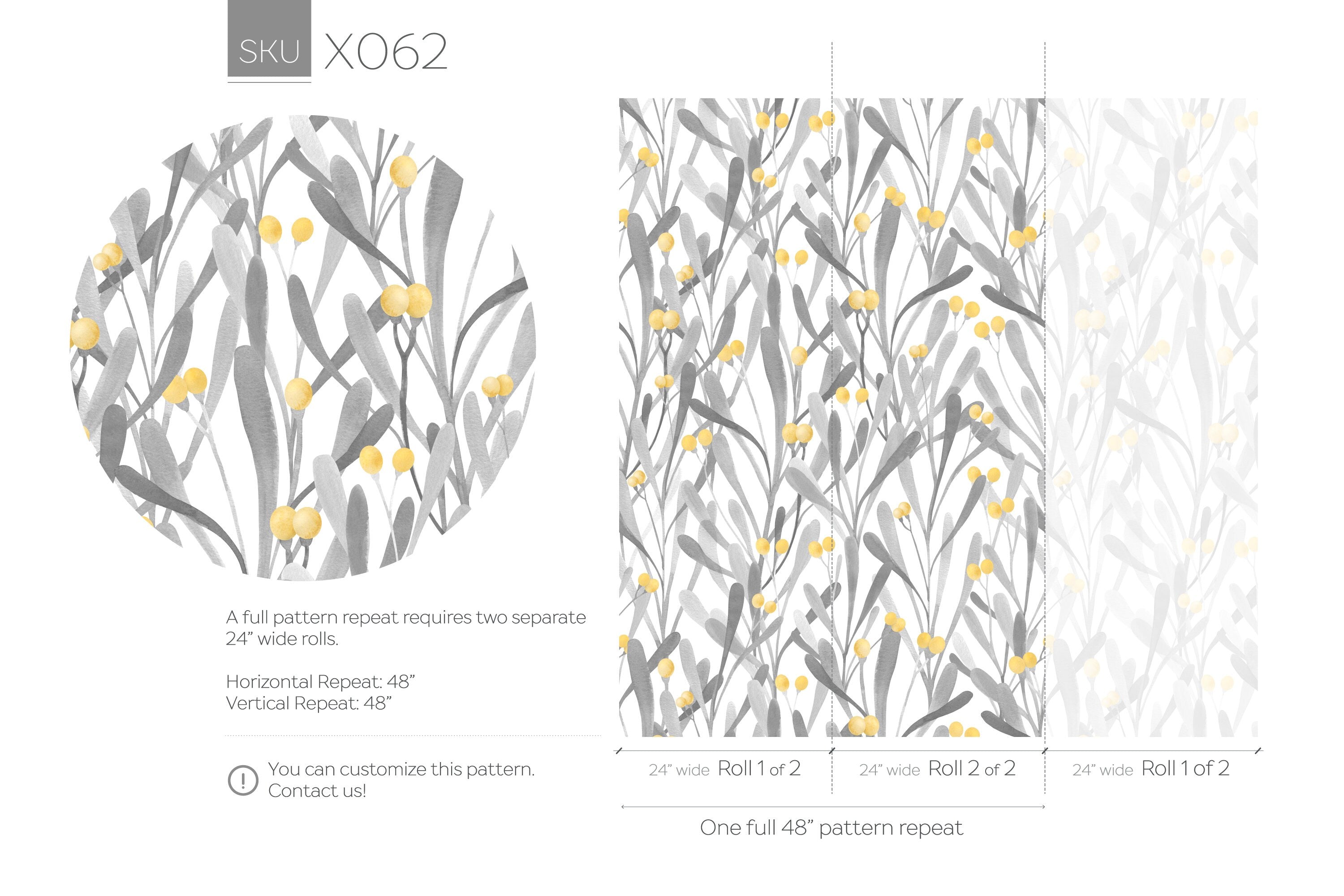 Botanical Wallpaper With Abstract Leaves And Berries In Grey And Yellow - X062