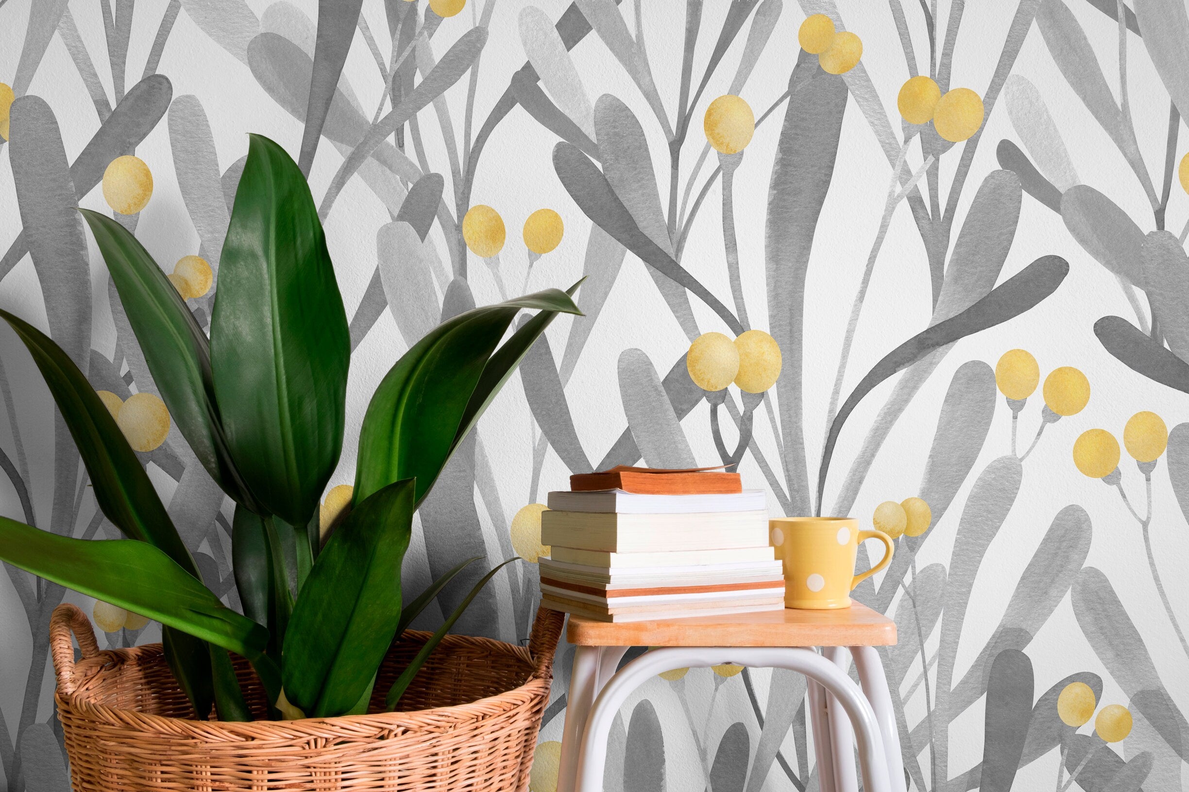 Botanical Wallpaper With Abstract Leaves And Berries In Grey And Yellow - X062