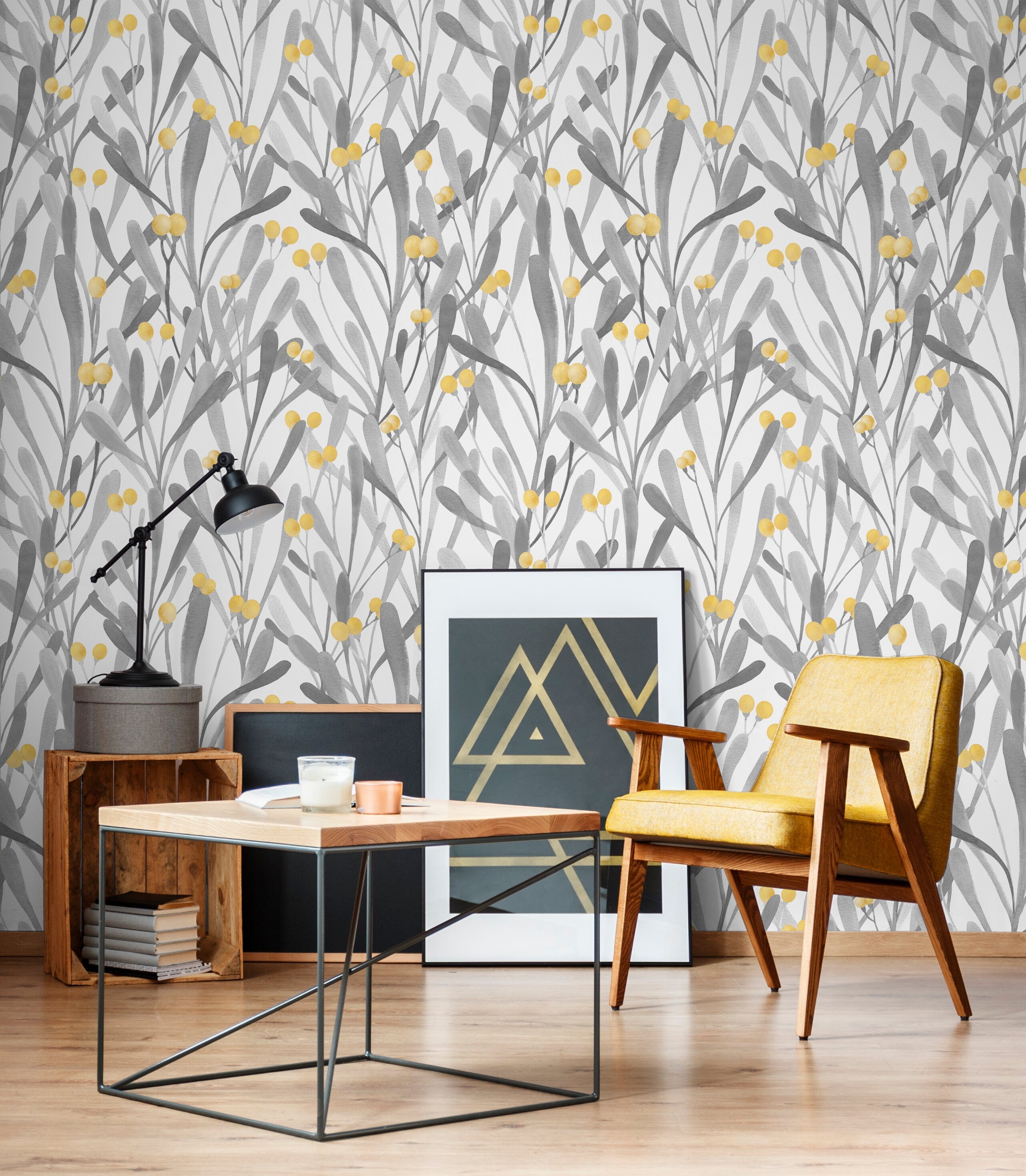 Botanical Wallpaper With Abstract Leaves And Berries In Grey And Yellow - X062