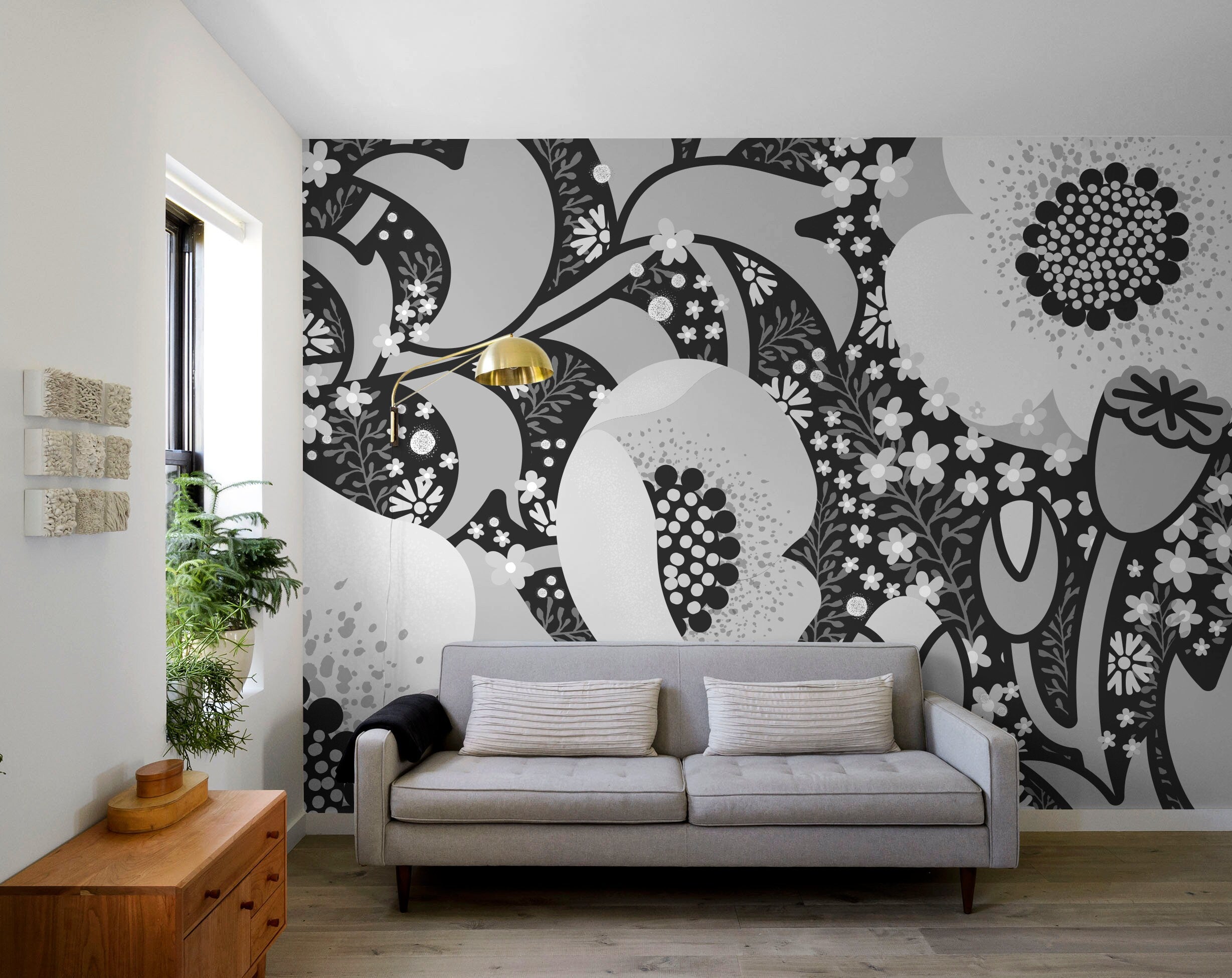 Abstract Wallpaper With A Stylized Floral Mural In Black, Gray, And White - X067