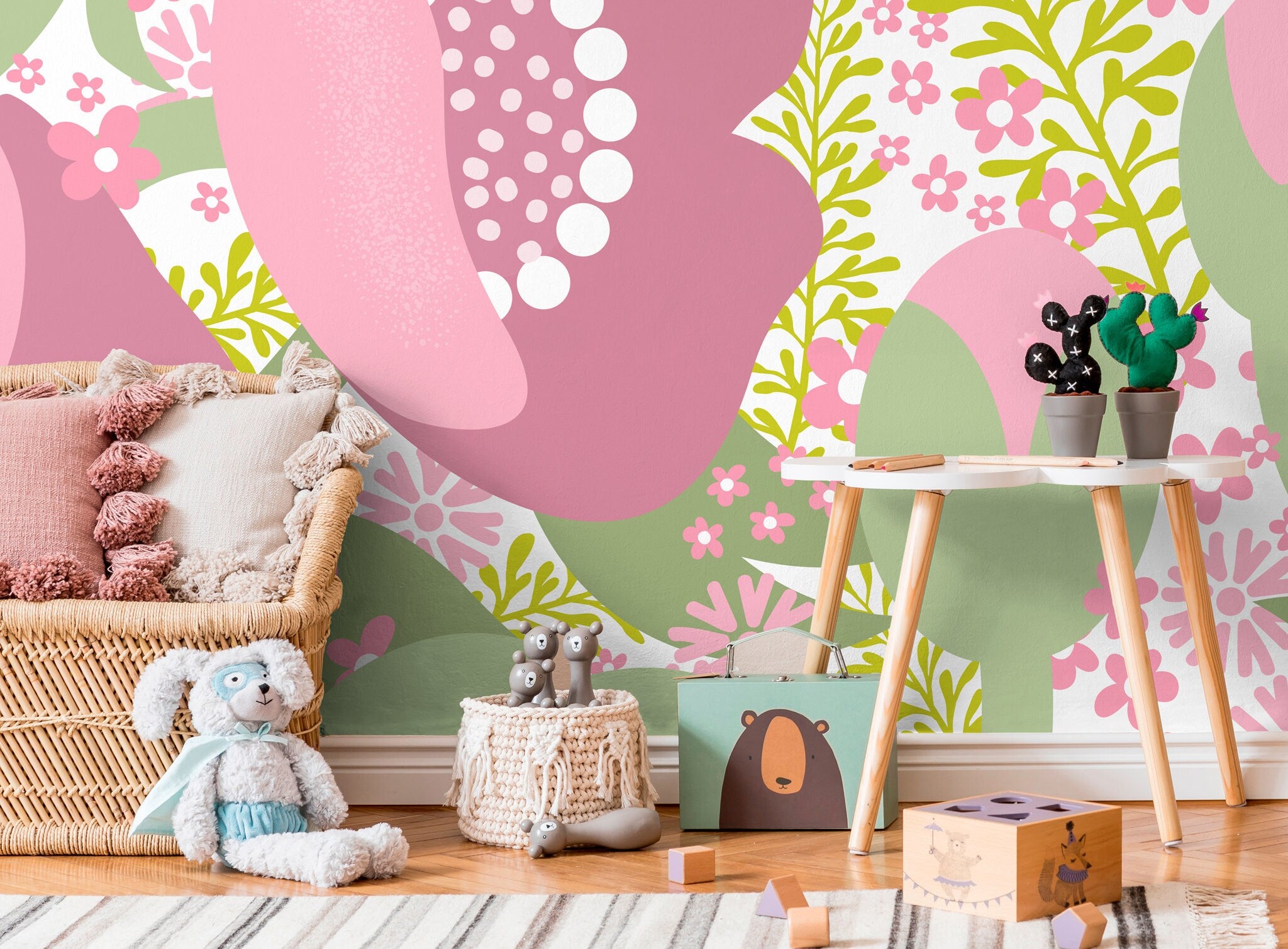 Abstract Floral Wallpaper With A Modern Collage In Pink And Green - X068