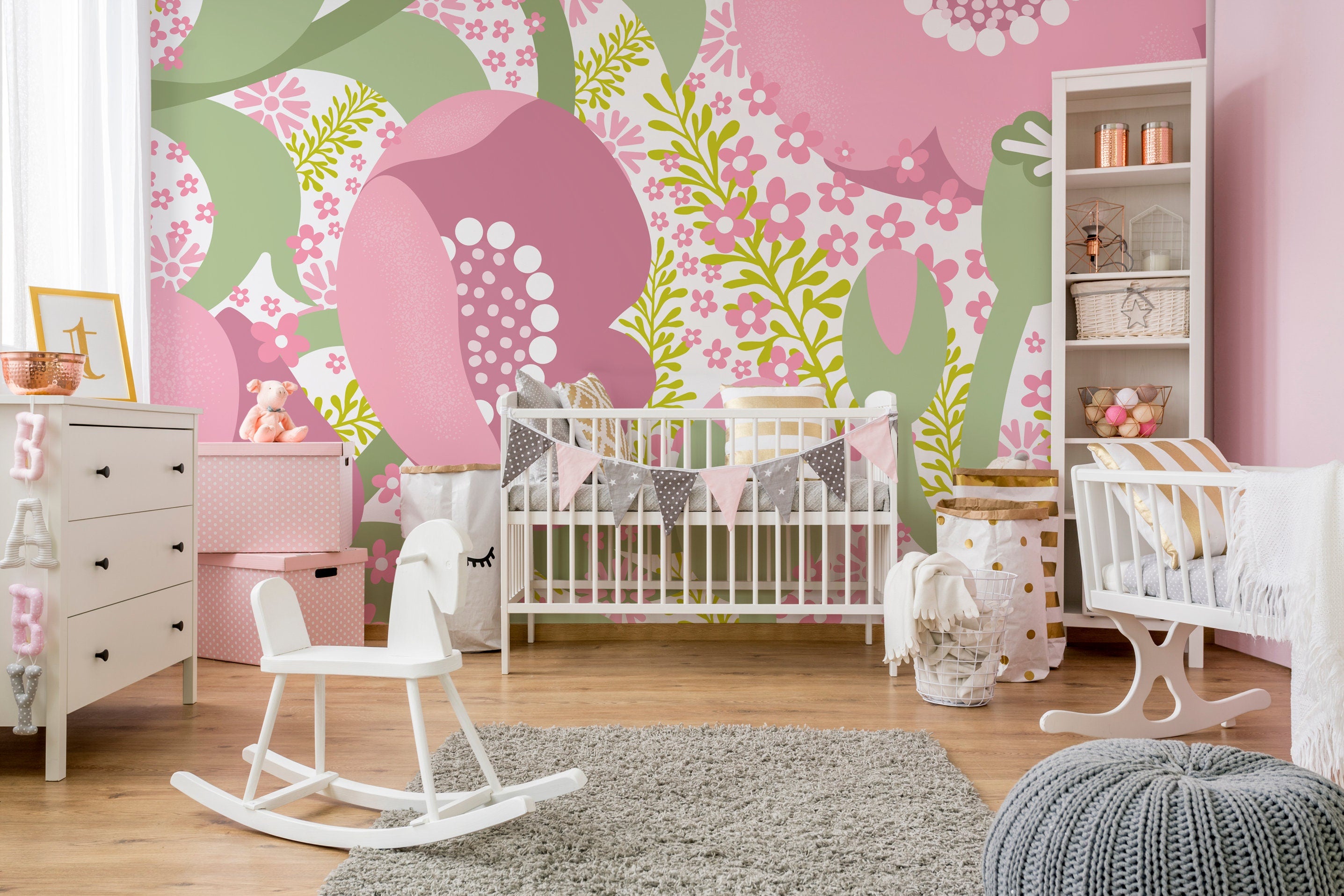 Abstract Floral Wallpaper With A Modern Collage In Pink And Green - X068