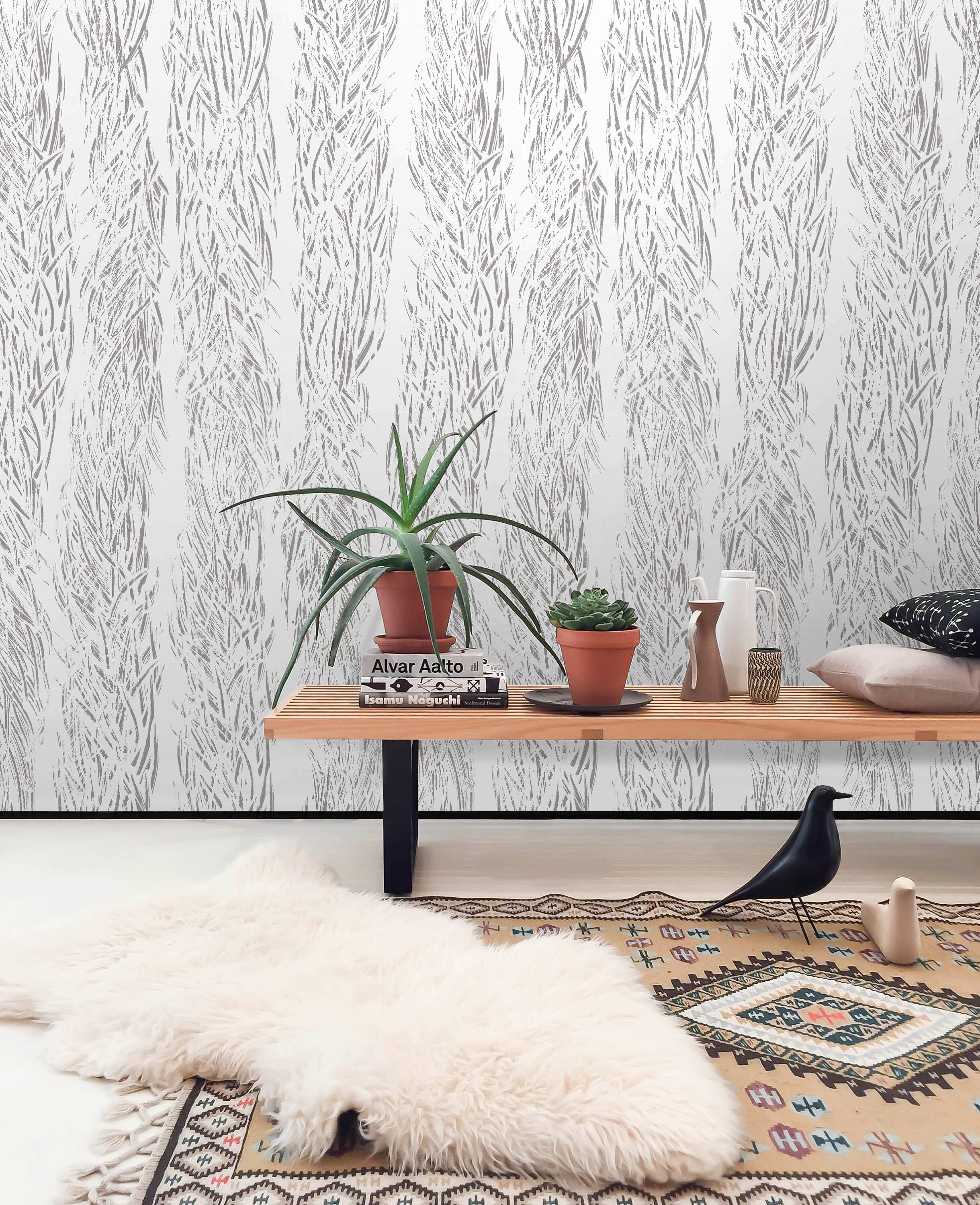 Abstract Wallpaper With A Sketched Grass Motif In Gray - X069
