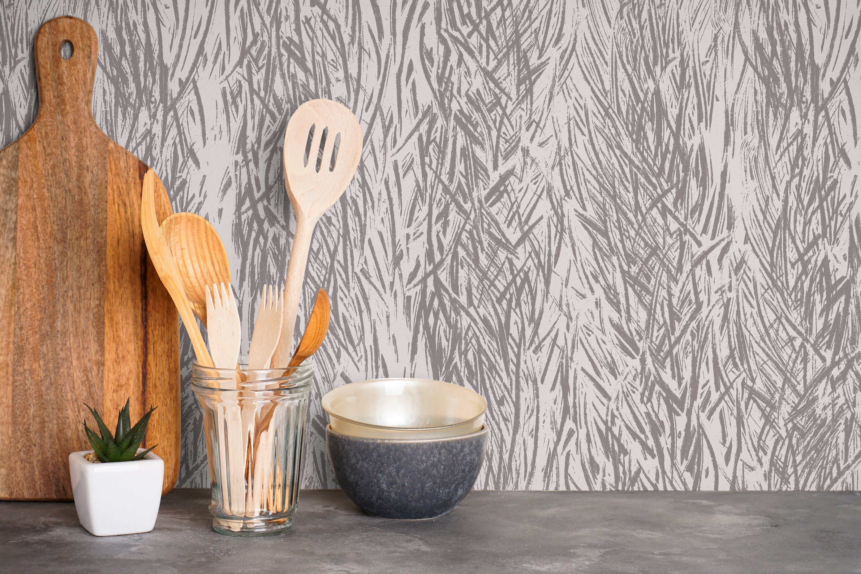 Abstract Wallpaper With Organic Brush Strokes In Taupe And Grey - X071