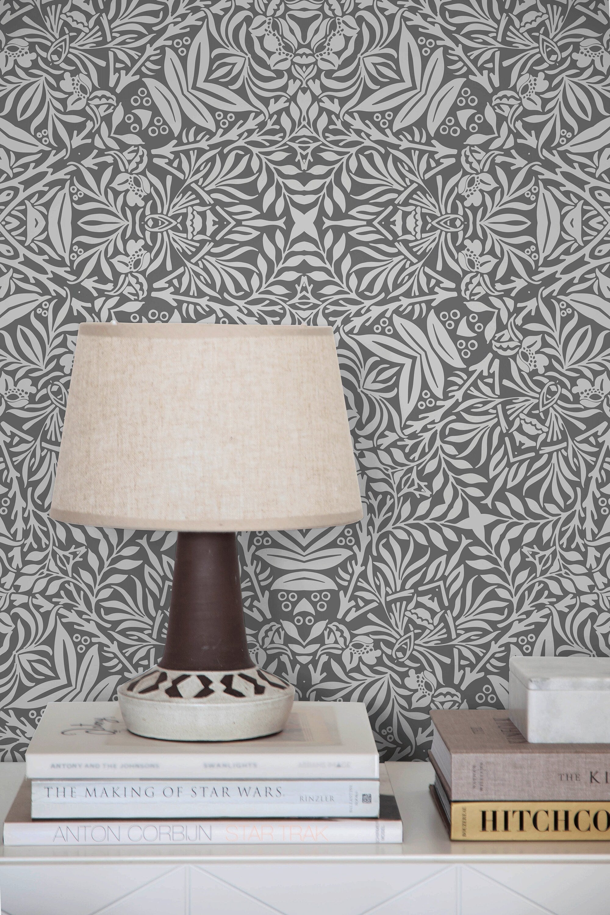Botanical Wallpaper With A Scandinavian Damask Style In Grey And Light Grey - X075