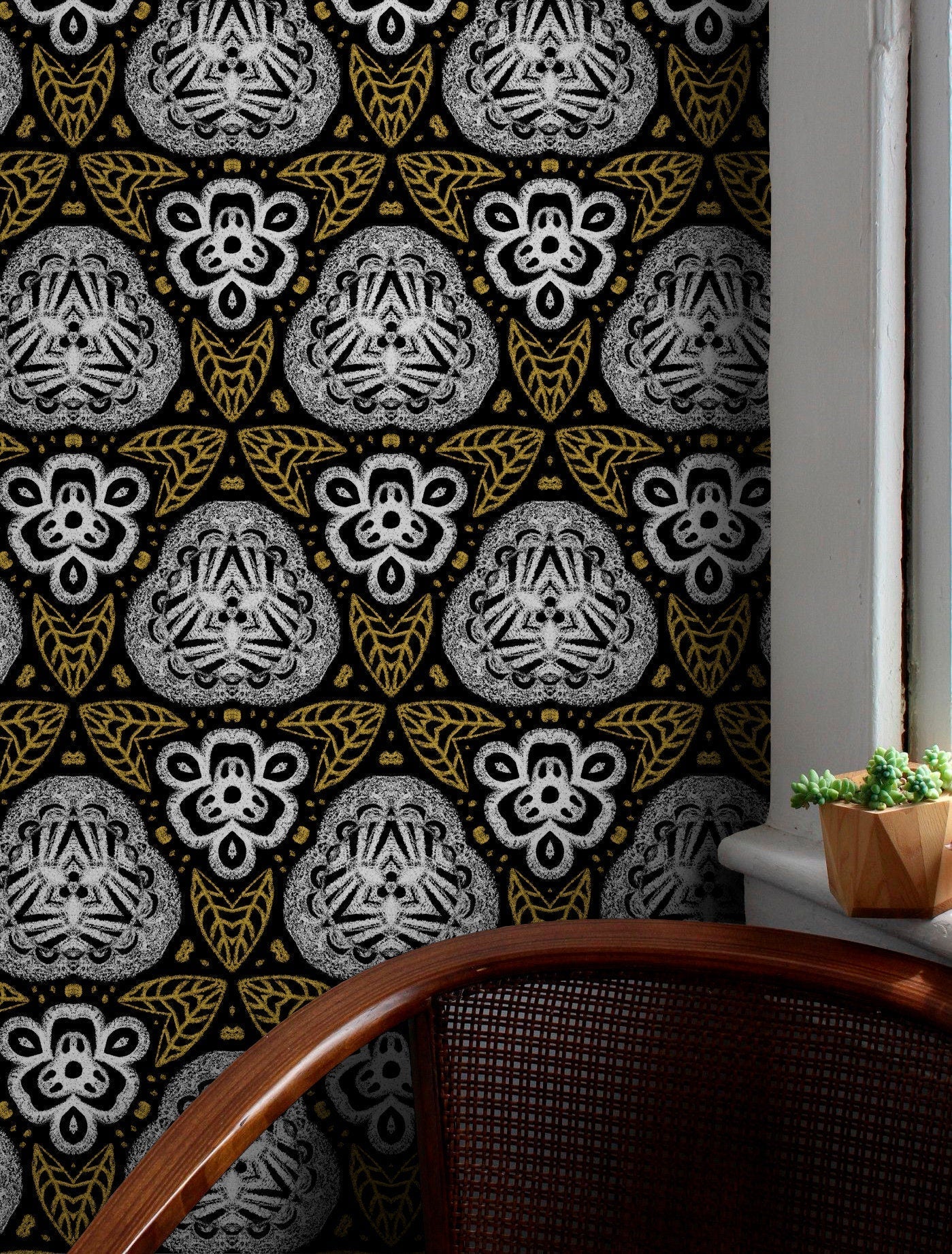 Bohemian Wallpaper With A Chalk Drawn Folk Art Motif In Black, White, And Gold - X082