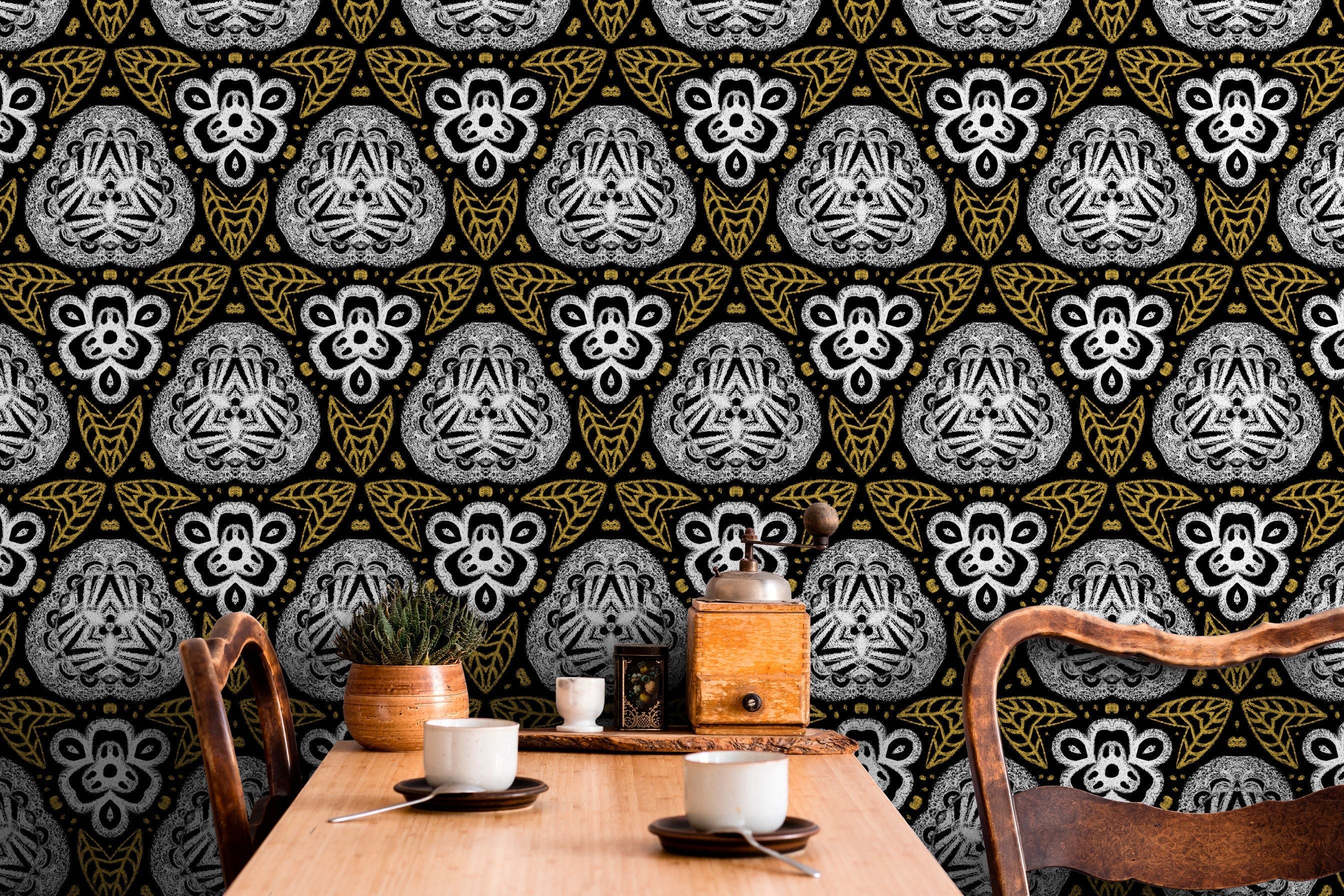 Bohemian Wallpaper With A Chalk Drawn Folk Art Motif In Black, White, And Gold - X082