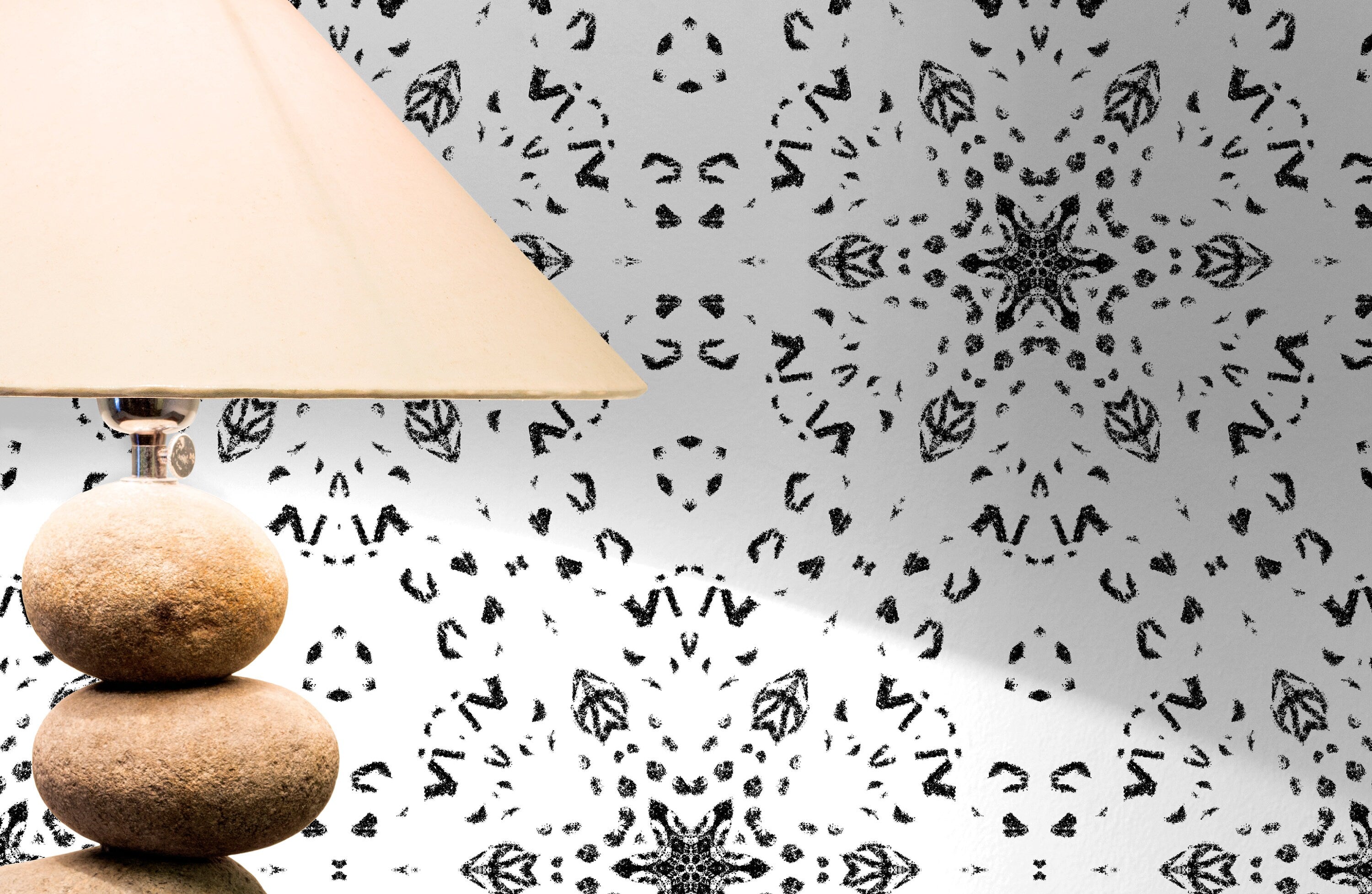 Geometric Wallpaper With A Stamped Kaleidoscope Motif In Black And White - X083
