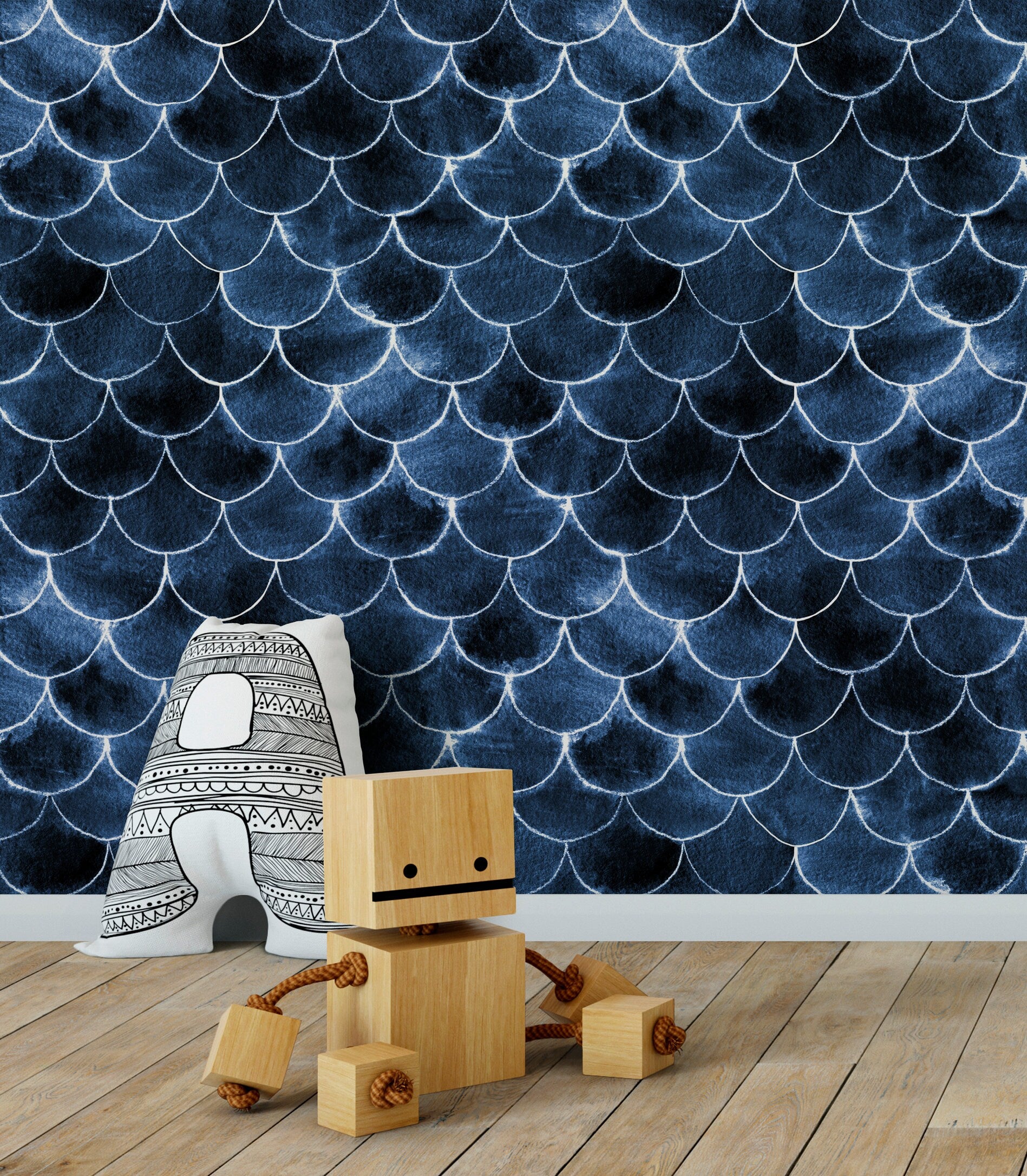 Scallop Wallpaper With A Watercolor Fish Scale Motif In Navy Blue And White - X089