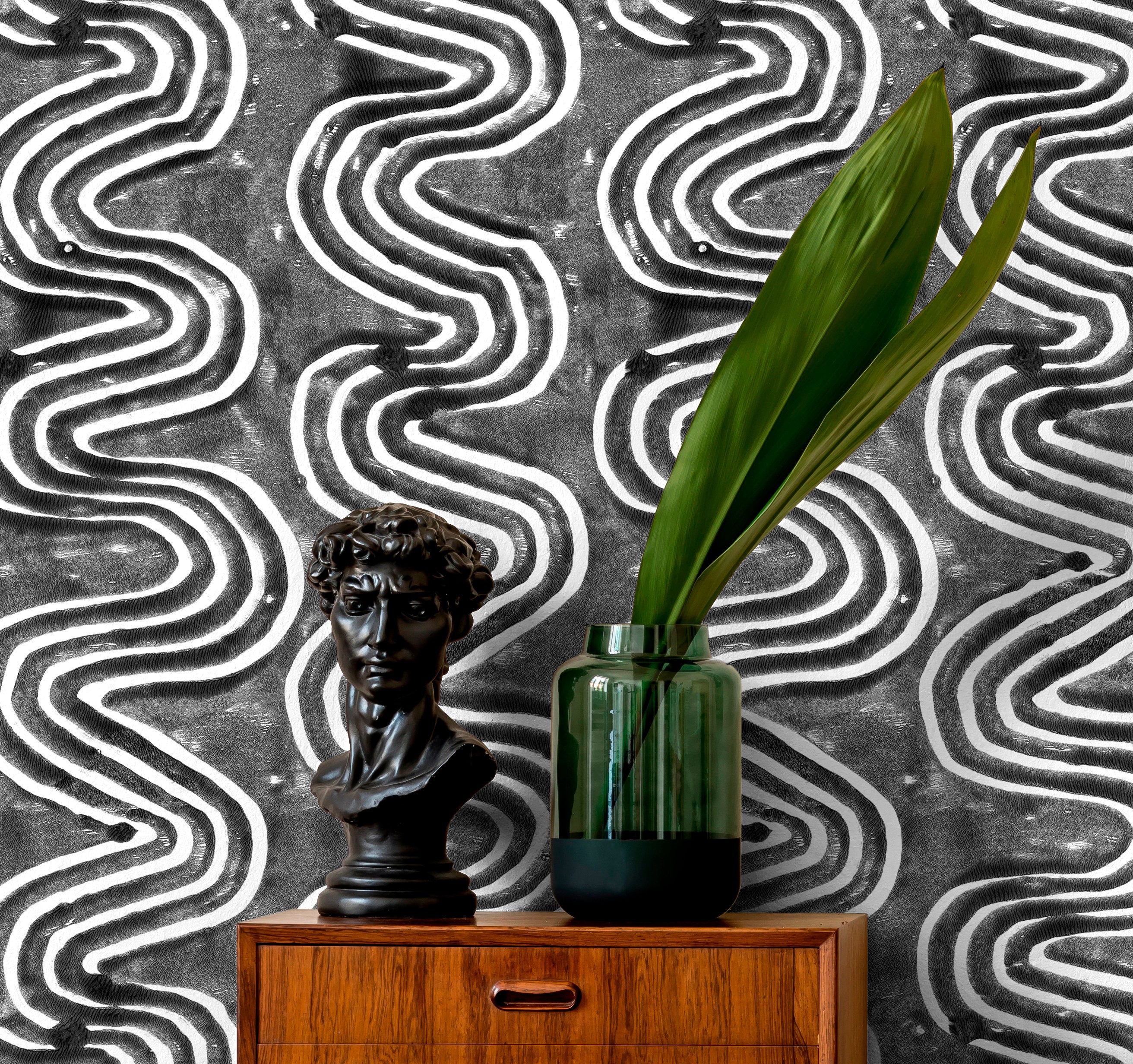 Abstract Wallpaper With Bold Wavy Lines In Black And White - X096