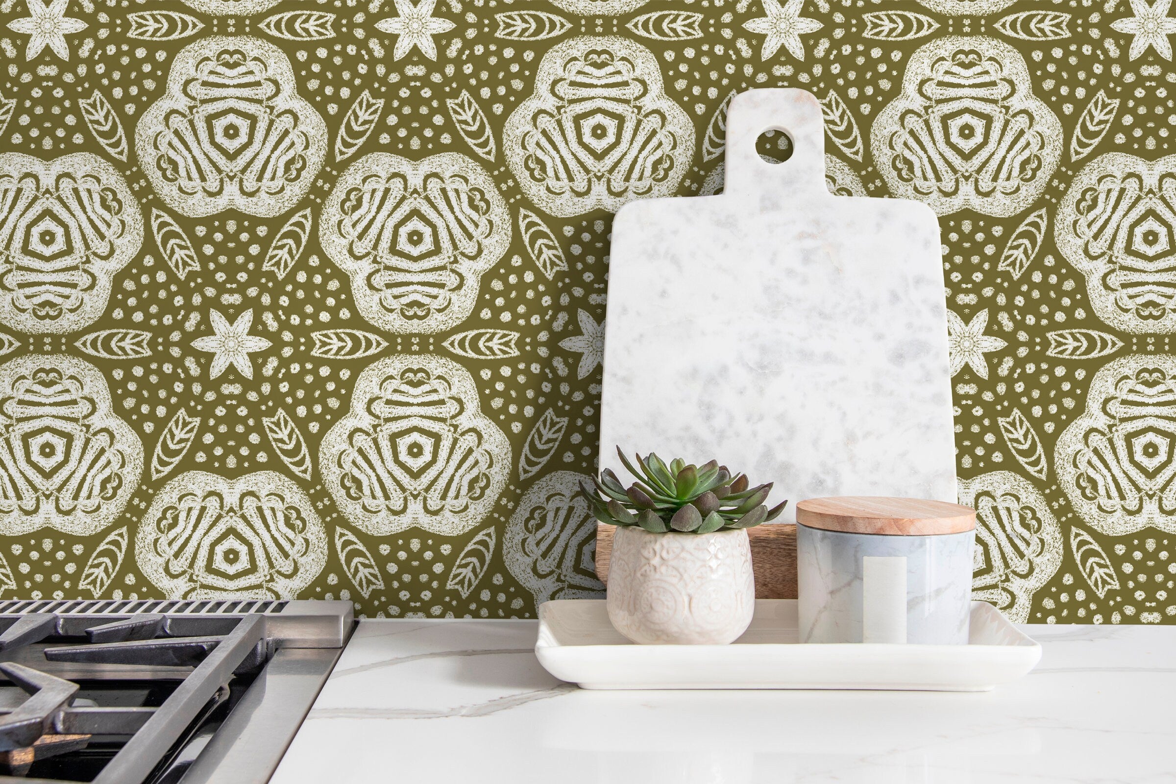 Bohemian Wallpaper With Folk Art Medallions In Olive Green And White - X098