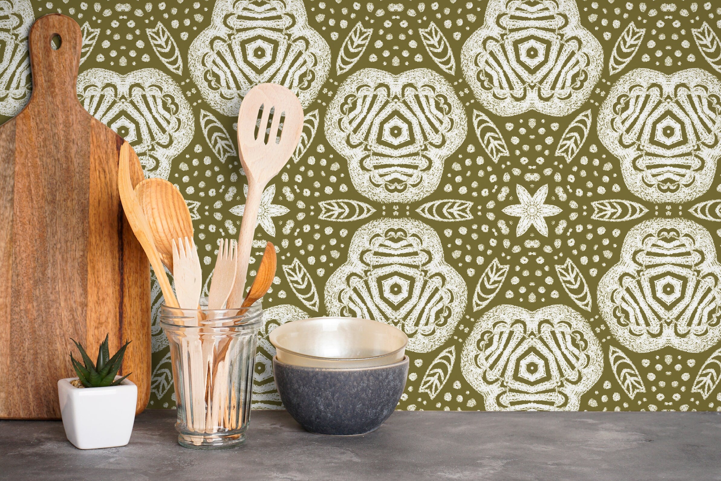 Bohemian Wallpaper With Folk Art Medallions In Olive Green And White - X098