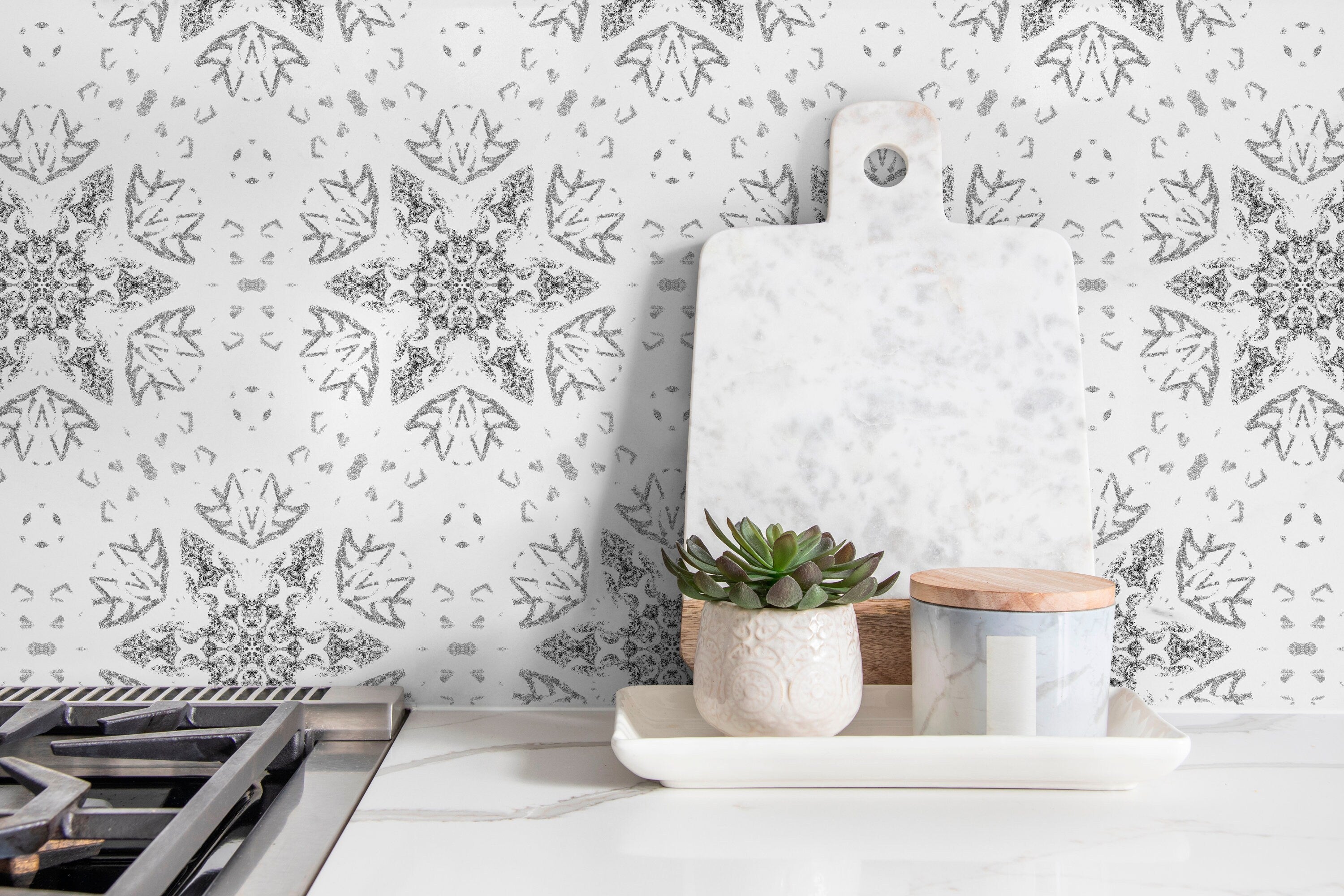 Geometric Wallpaper With A Stamped Medallion Motif In Black And Grey - X100