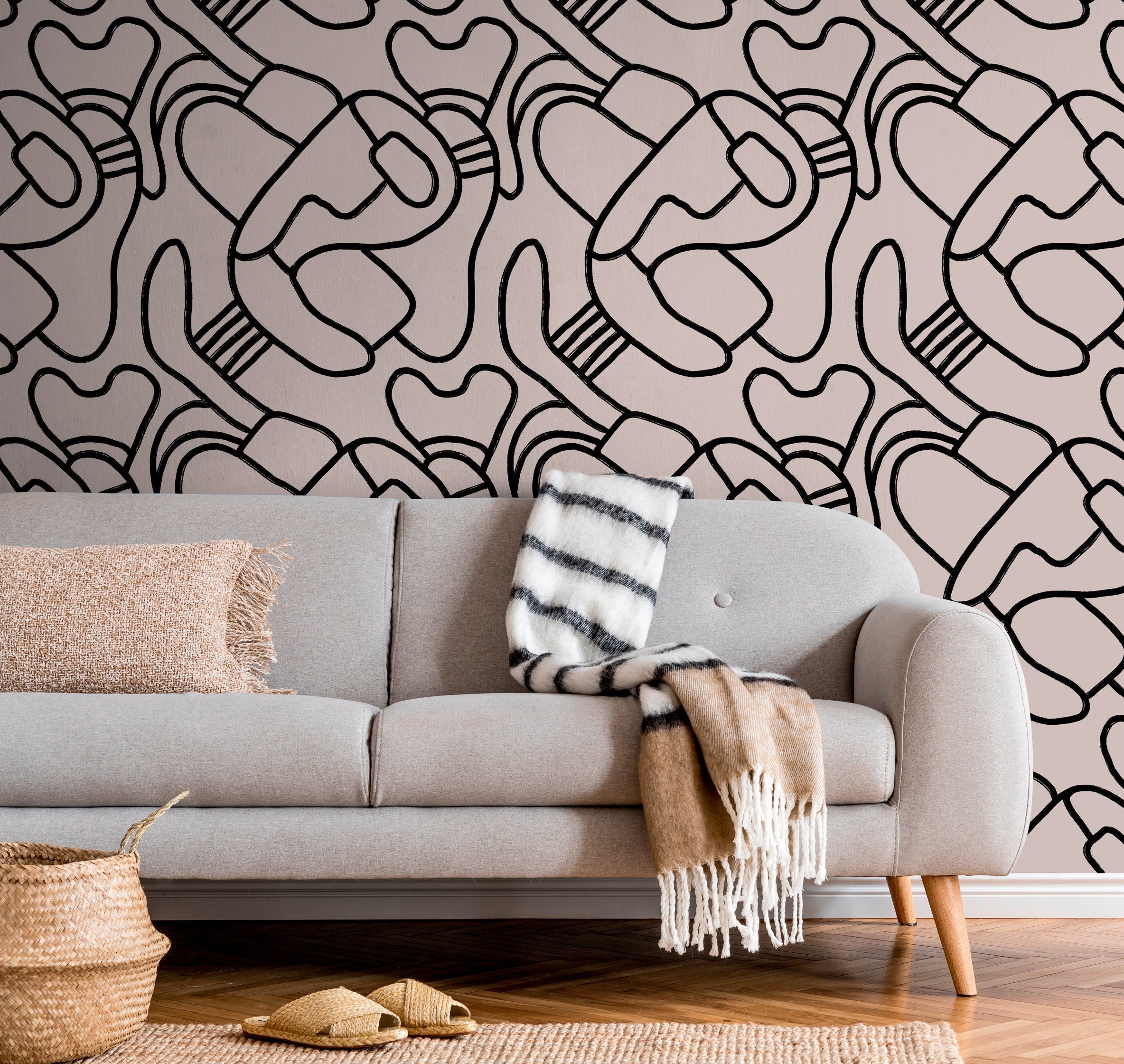 Abstract Wallpaper With Bold Hand-drawn Lines In Black And Taupe - X108