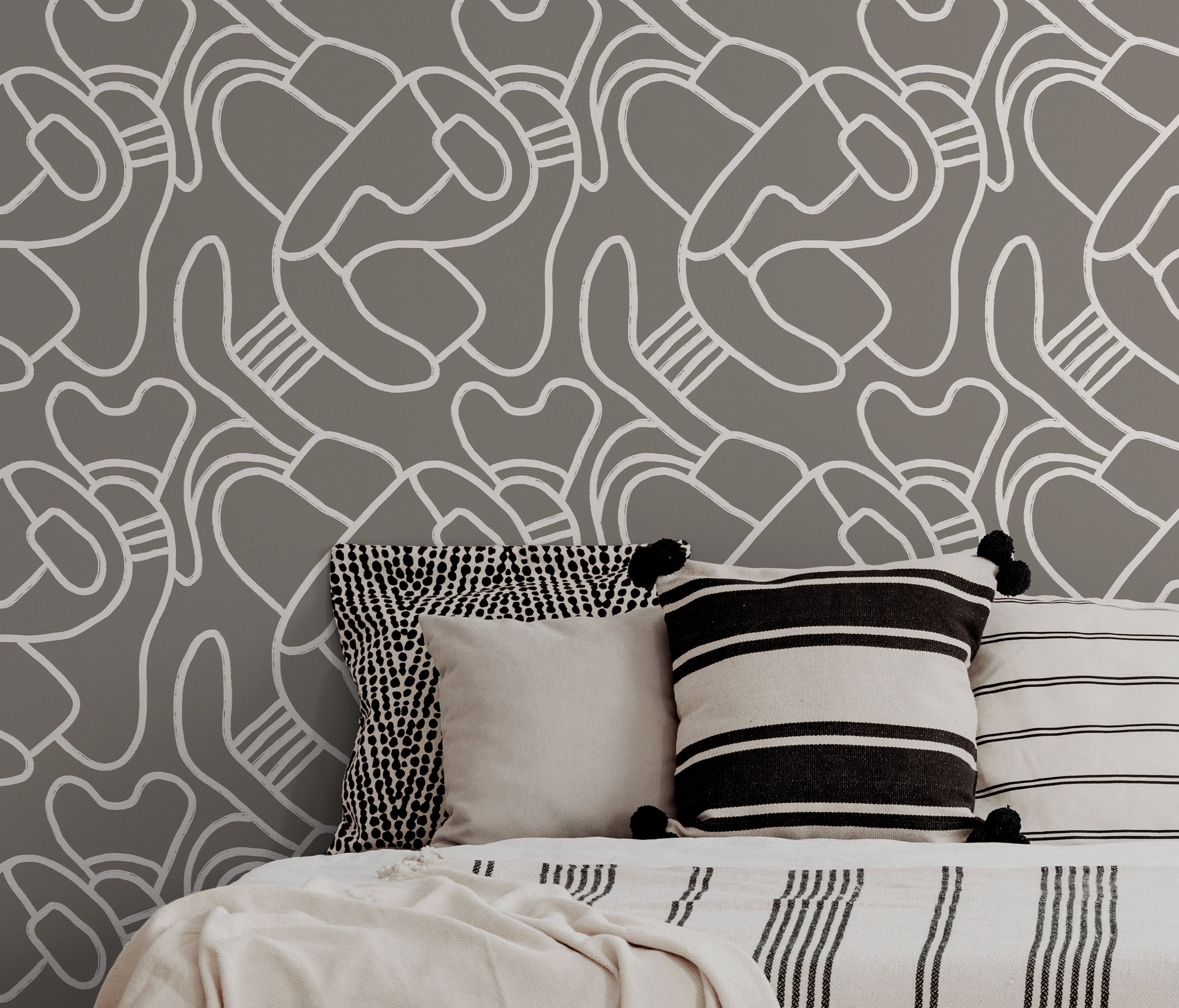 Abstract Wallpaper With A Continuous Hand-drawn Line Motif In Gray And White - X109