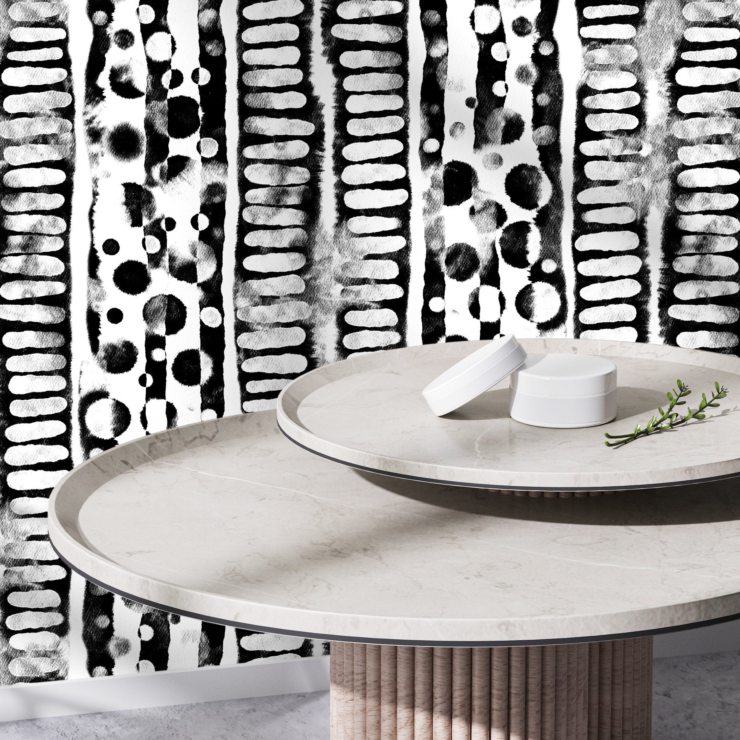 Abstract Wallpaper With Painterly Stripes And Dots In Black And White - X116