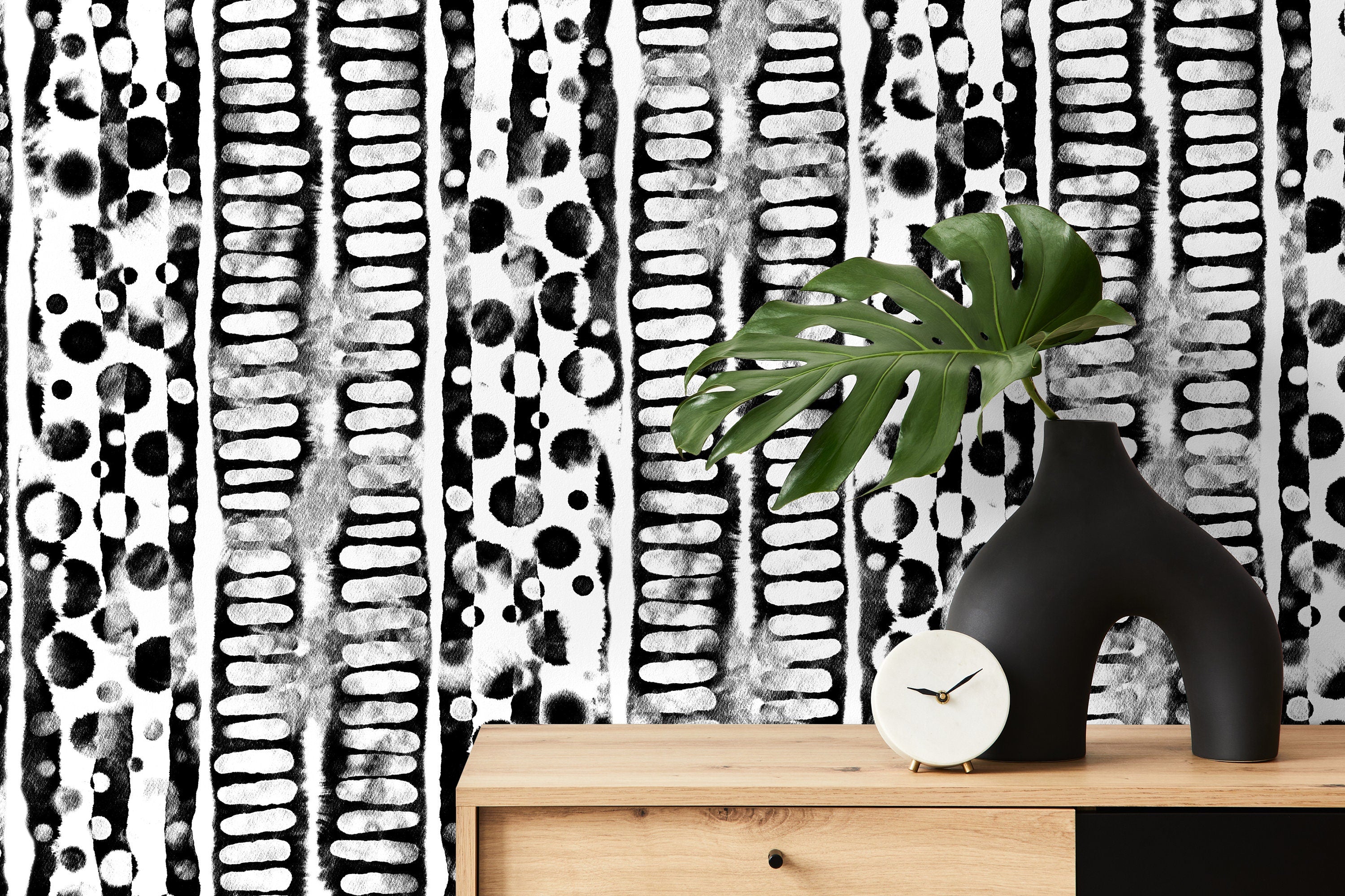 Abstract Wallpaper With Painterly Stripes And Dots In Black And White - X116
