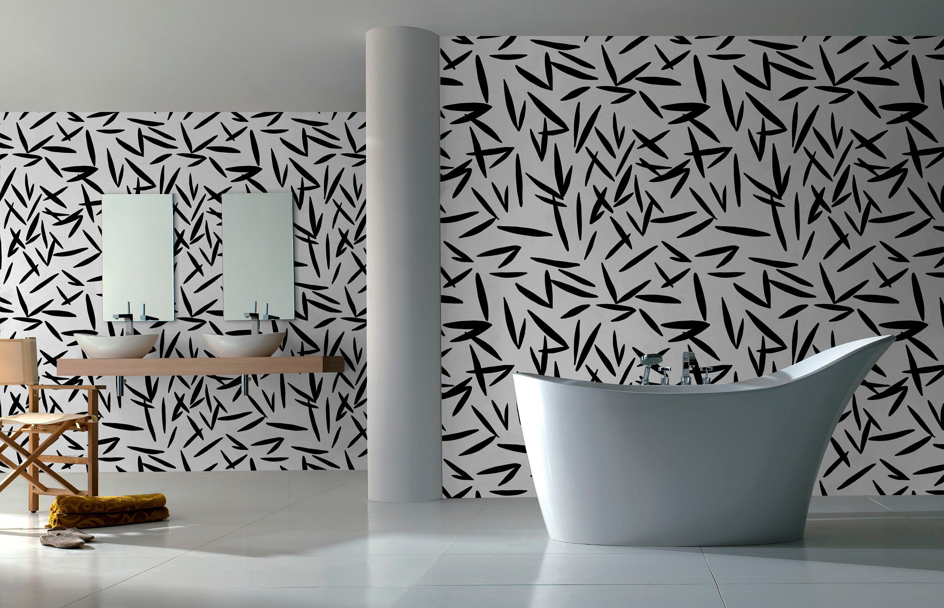 Scandinavian Wallpaper With Abstract Leaf Shapes In Black And White - X118
