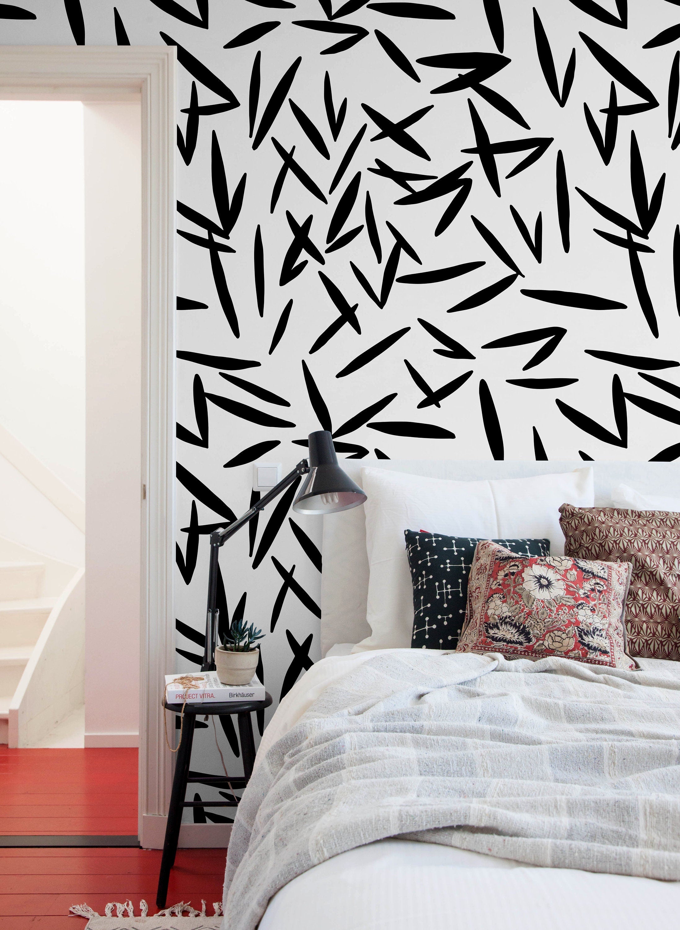 Scandinavian Wallpaper With Abstract Leaf Shapes In Black And White - X118