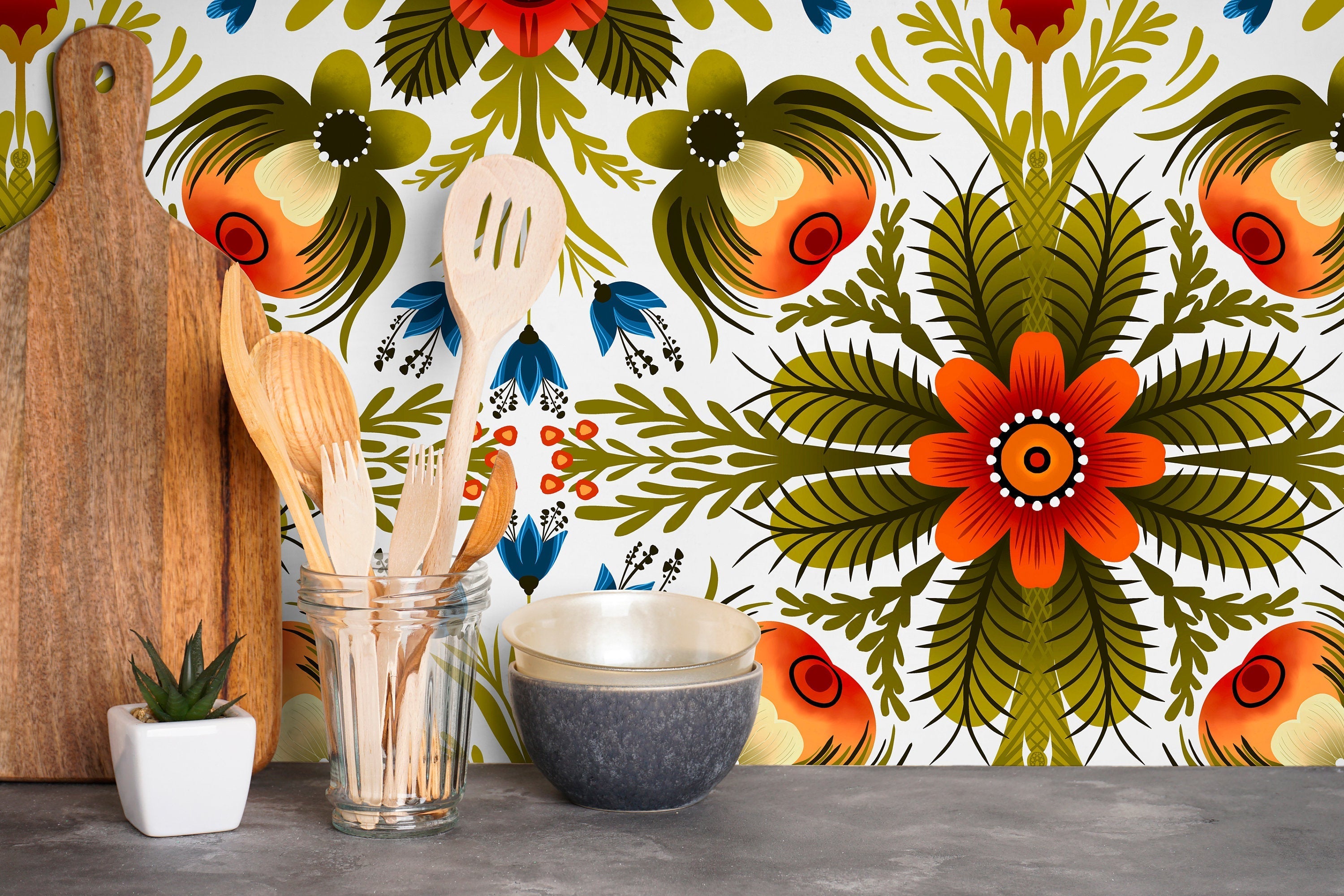 Folk Art Wallpaper With An Arabesque Floral Motif In Red, Green, And Blue - X122