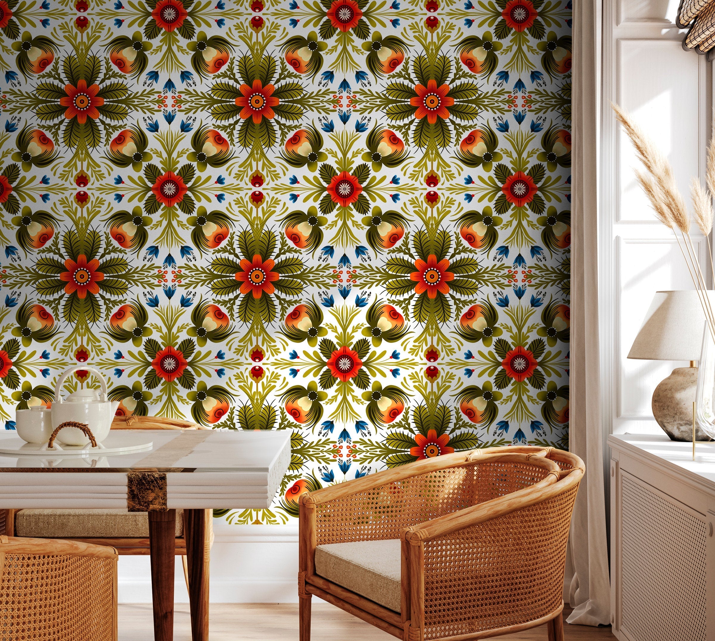 Folk Art Wallpaper With An Arabesque Floral Motif In Red, Green, And Blue - X122