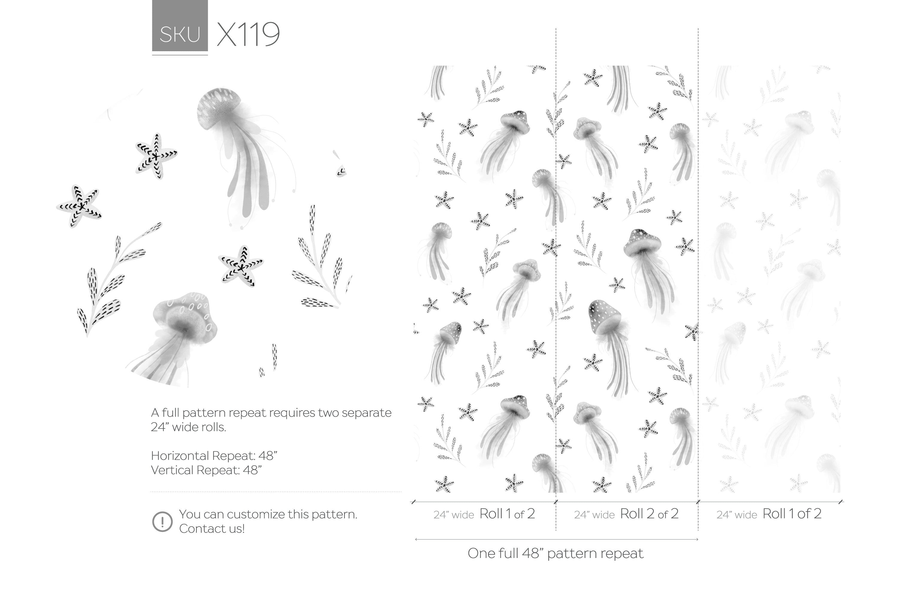 Nautical Wallpaper With Watercolor Jellyfish In Gray And Black - X119