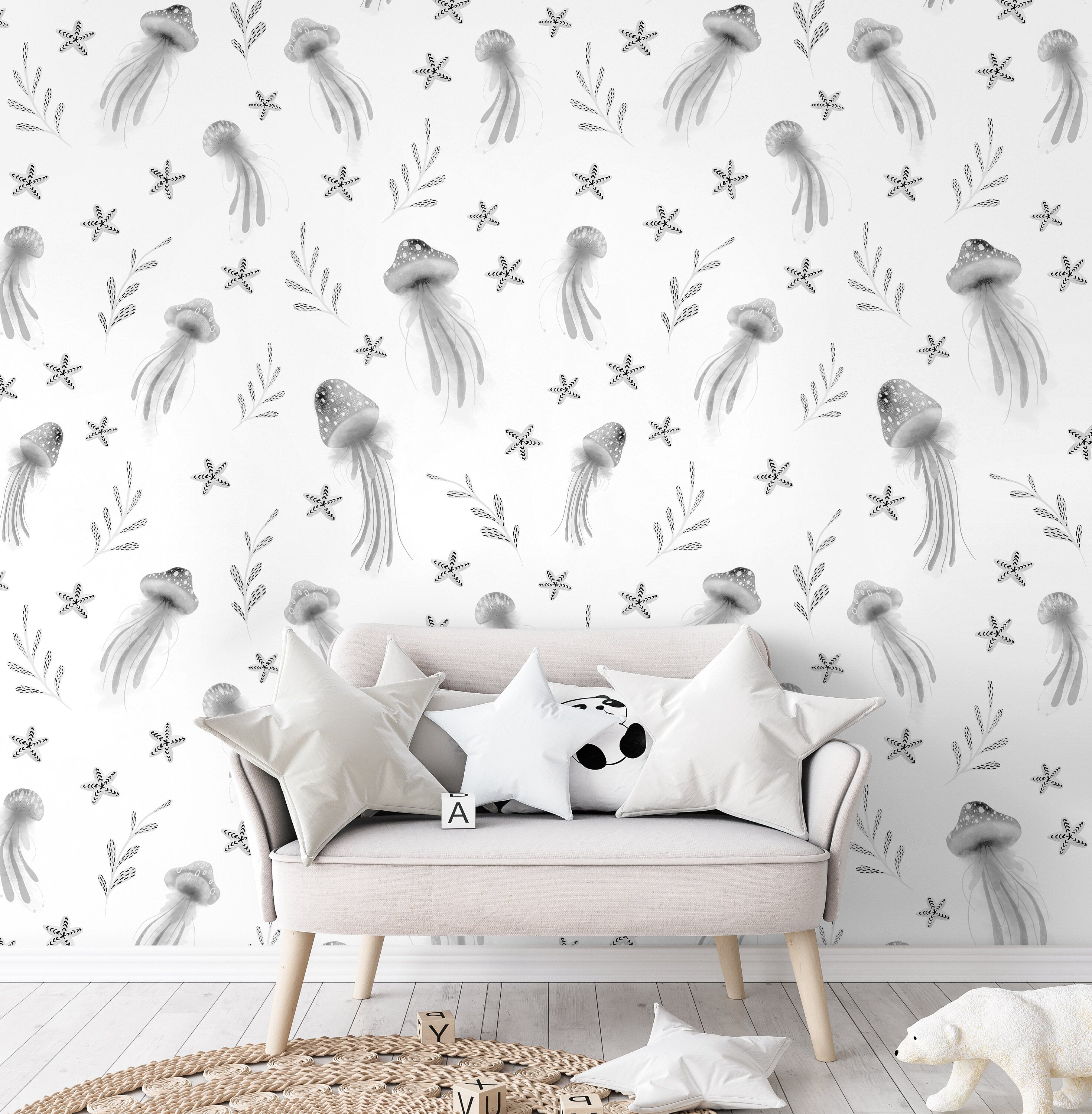 Nautical Wallpaper With Watercolor Jellyfish In Gray And Black - X119