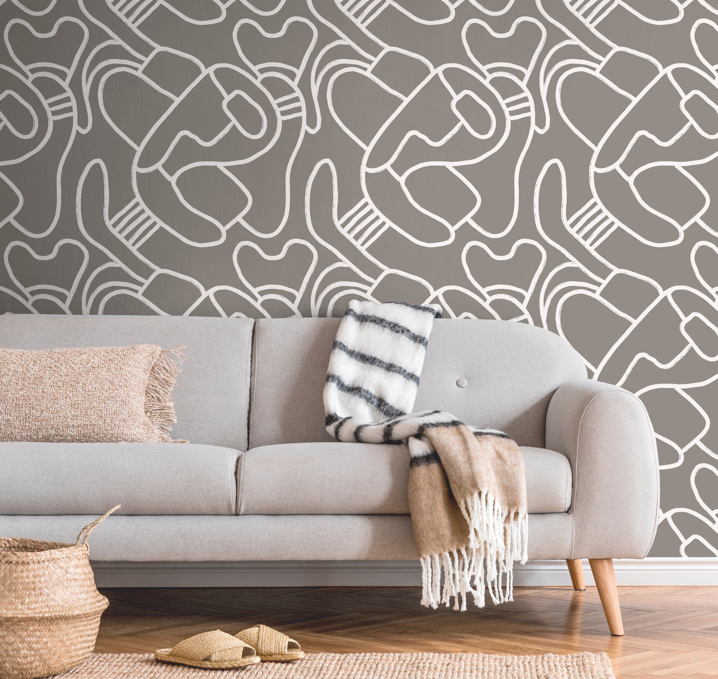 Abstract Wallpaper With A Continuous Hand-drawn Line Motif In Gray And White - X109
