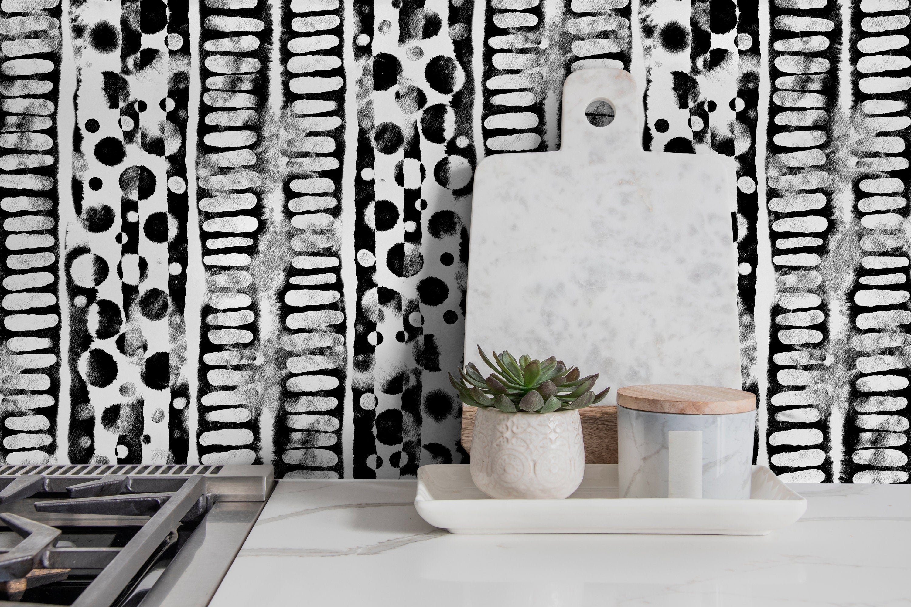 Abstract Wallpaper With Painterly Stripes And Dots In Black And White - X116