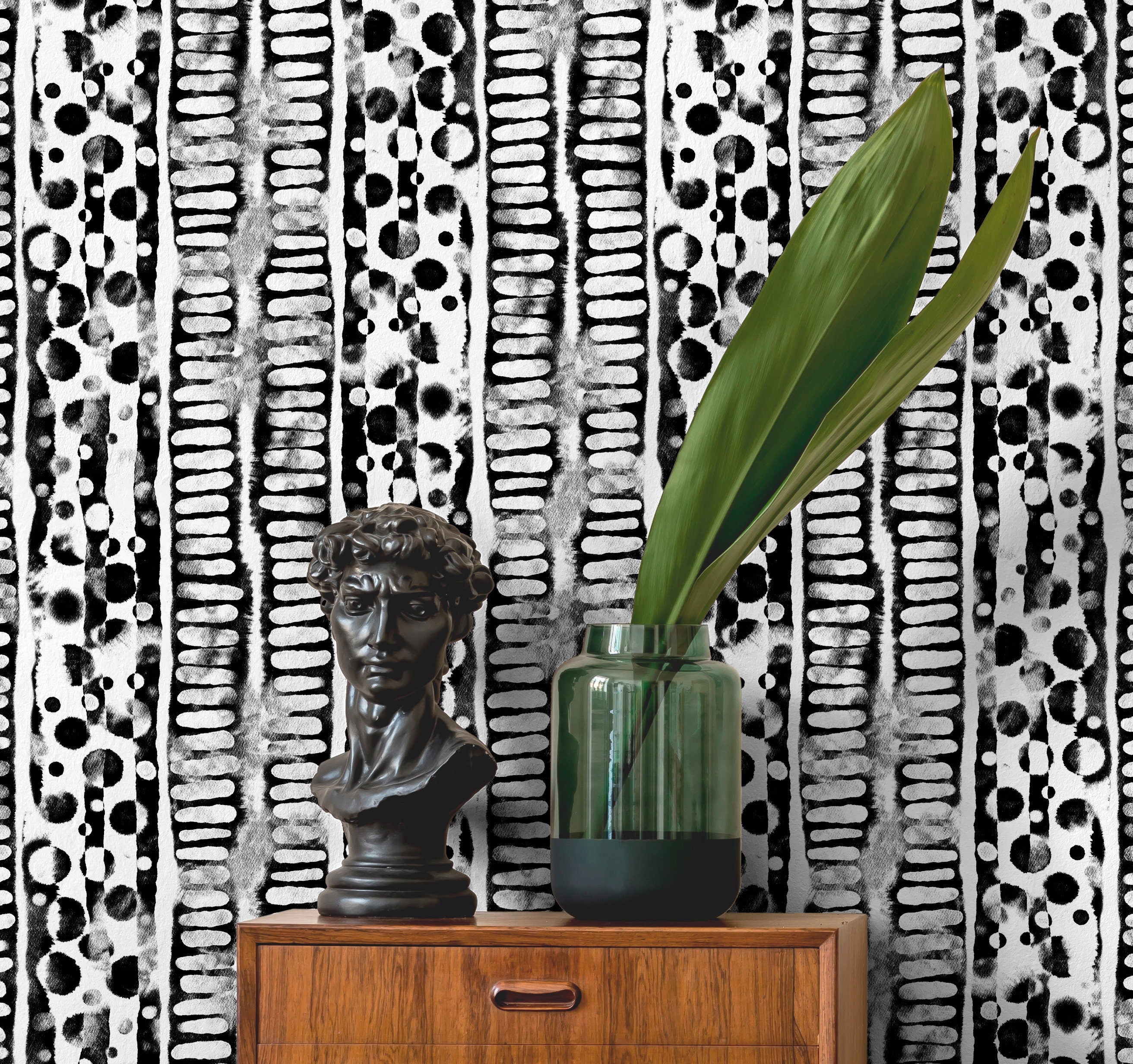 Abstract Wallpaper With Painterly Stripes And Dots In Black And White - X116