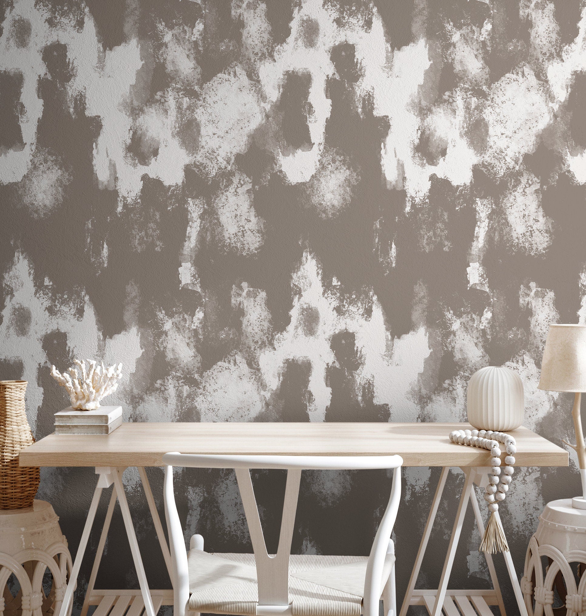 Abstract Wallpaper With A Painterly Effect In Taupe And White - X115