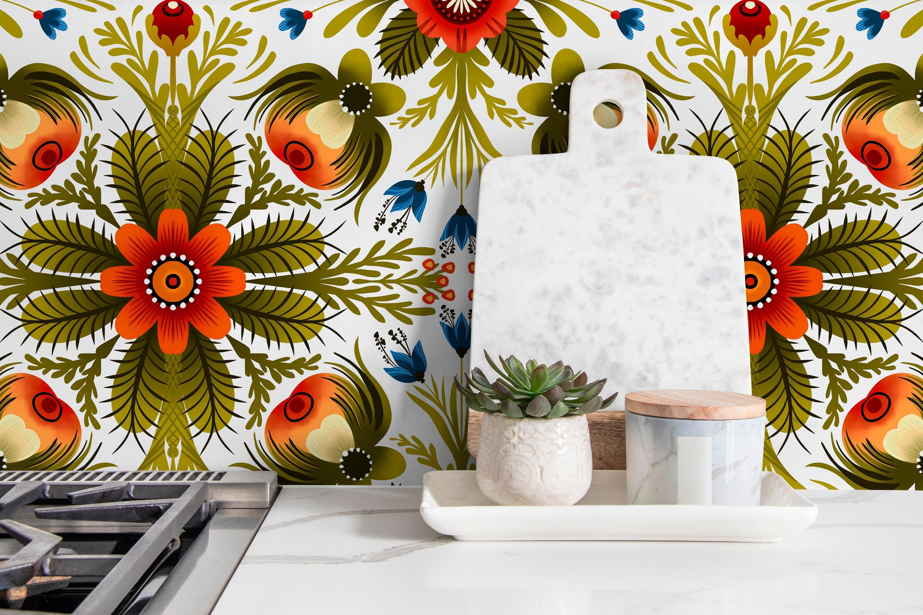 Folk Art Wallpaper With An Arabesque Floral Motif In Red, Green, And Blue - X122