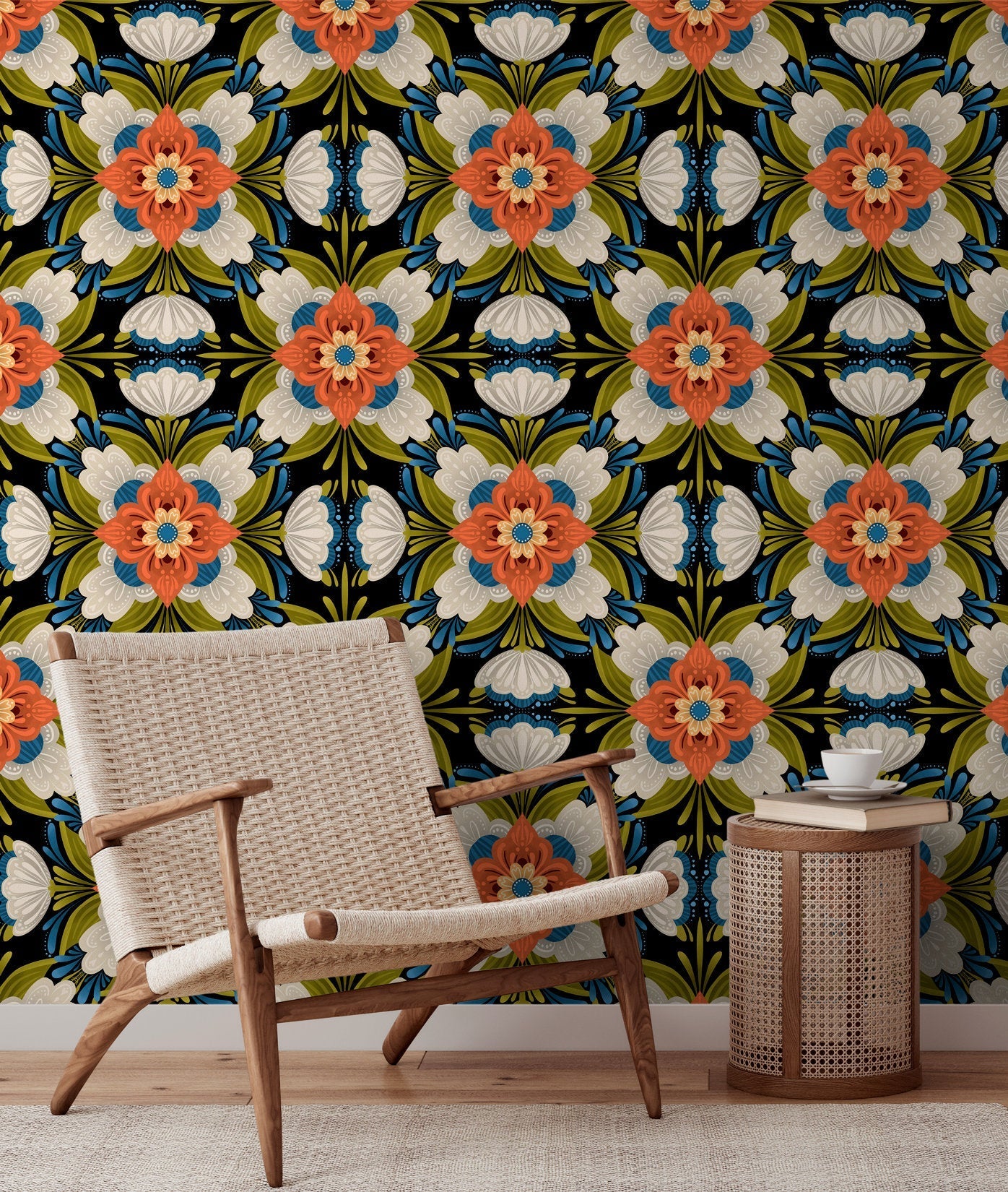 Folk Art Wallpaper With An Arabesque Floral Design In Orange, Blue, And Green - X123
