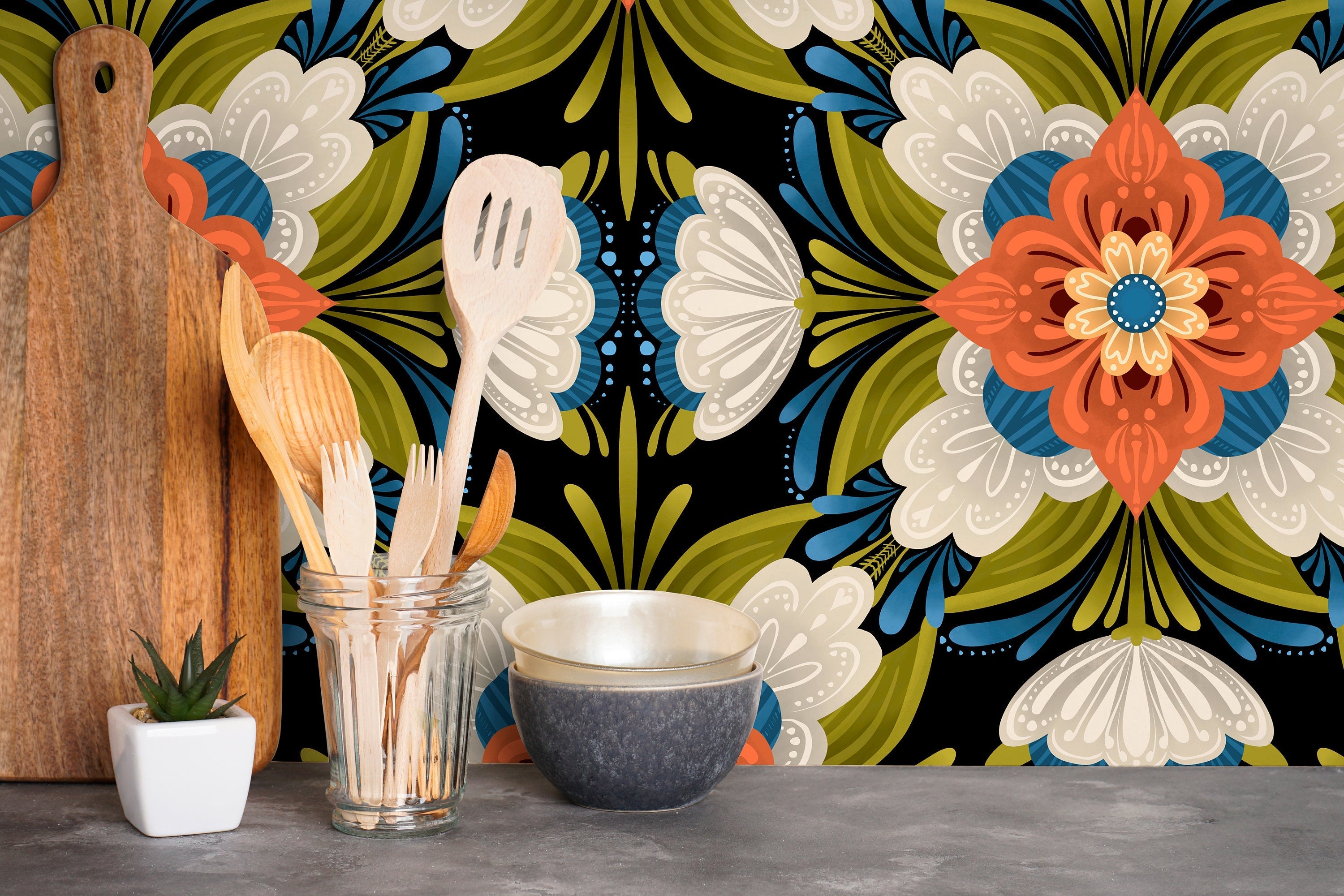 Folk Art Wallpaper With An Arabesque Floral Design In Orange, Blue, And Green - X123